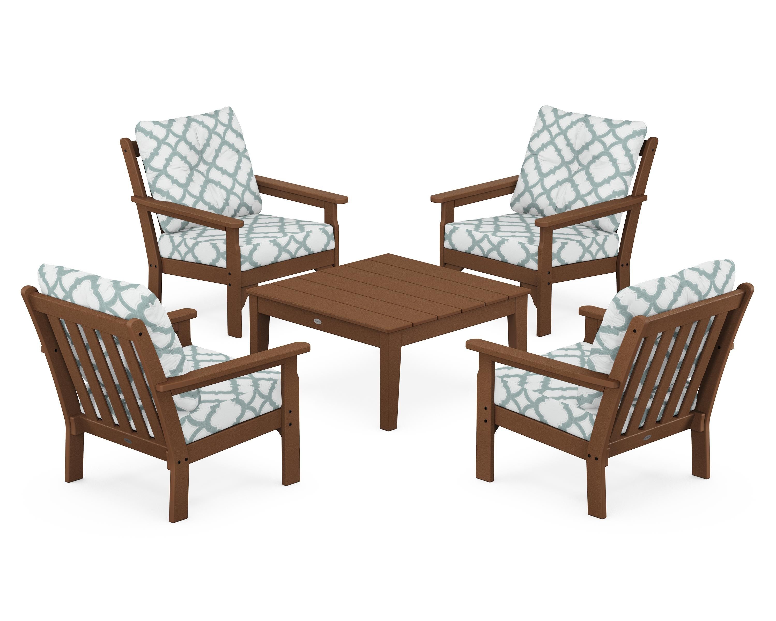 POLYWOOD® Vineyard 5-Piece Deep Seating Conversation Set in Teak / Trellis Glacier Spa