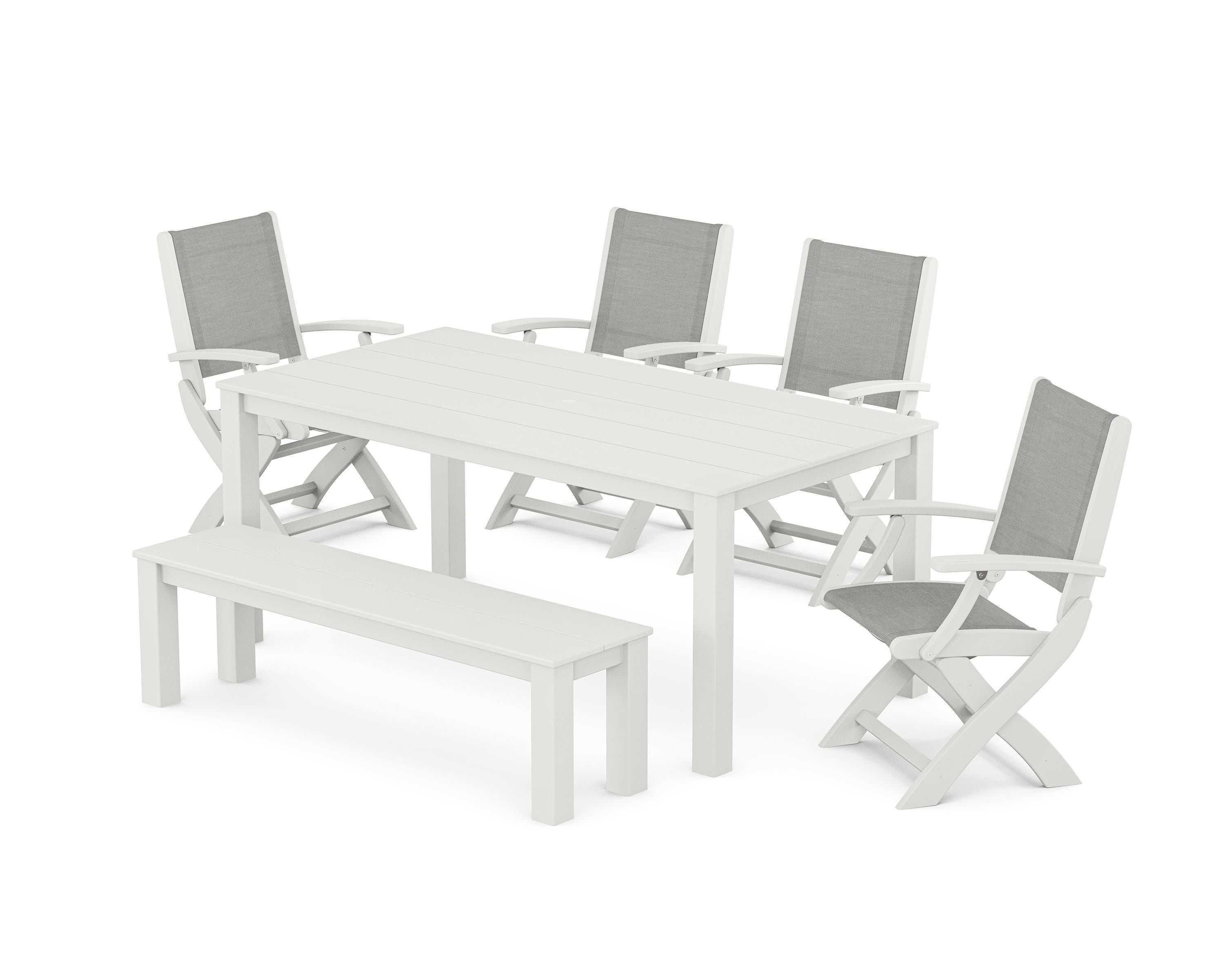 POLYWOOD® Coastal Folding Chair 6-Piece Parsons Dining Set with Bench in White / Metallic Sling