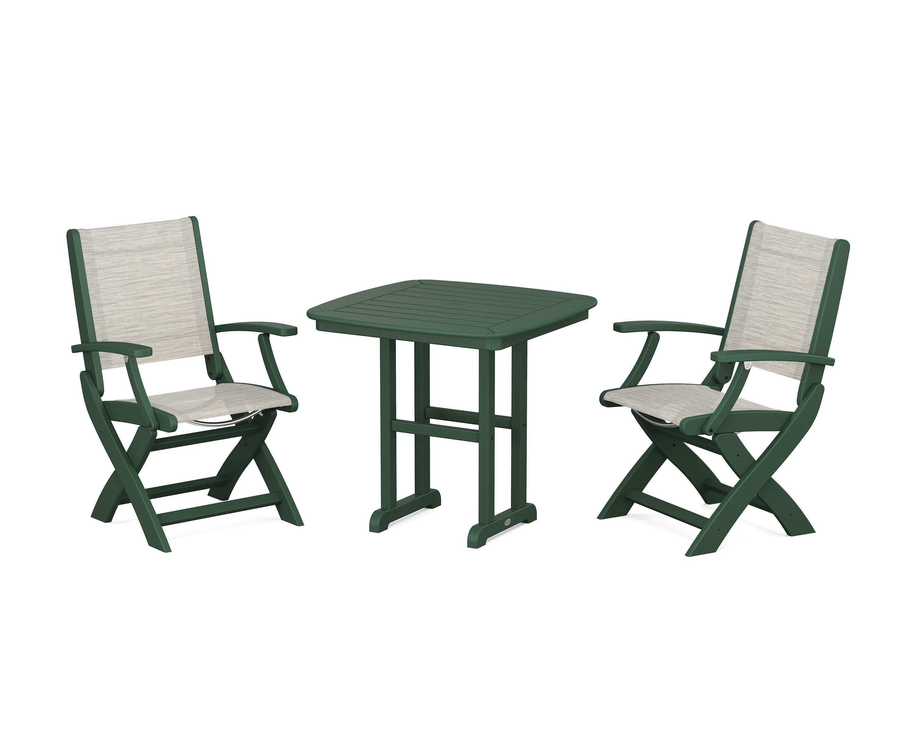 POLYWOOD® Coastal Folding Chair 3-Piece Dining Set in Green / Birch Sling
