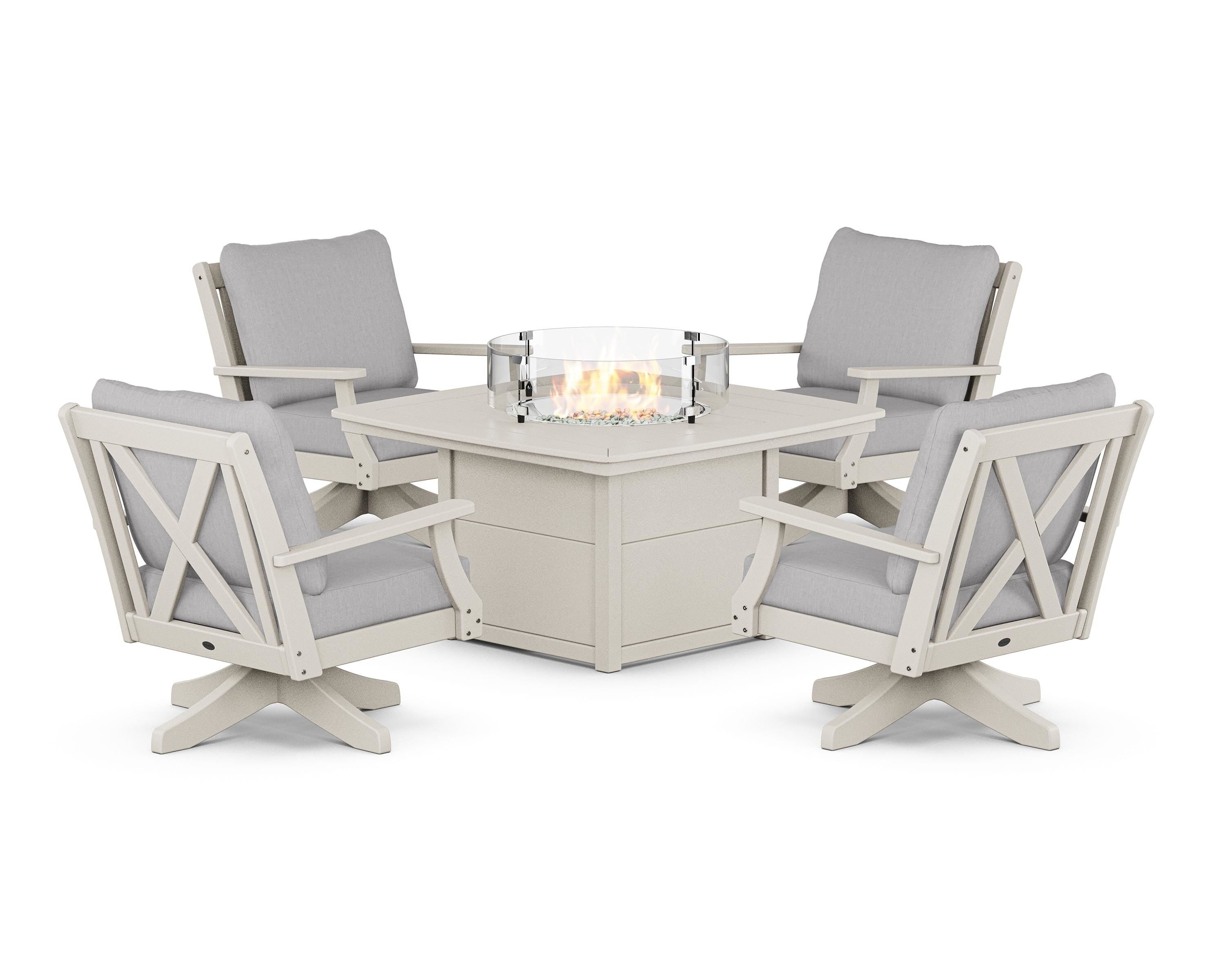 POLYWOOD® Braxton 5-Piece Deep Seating Swivel Conversation Set with Fire Pit Table in Sand / Granite