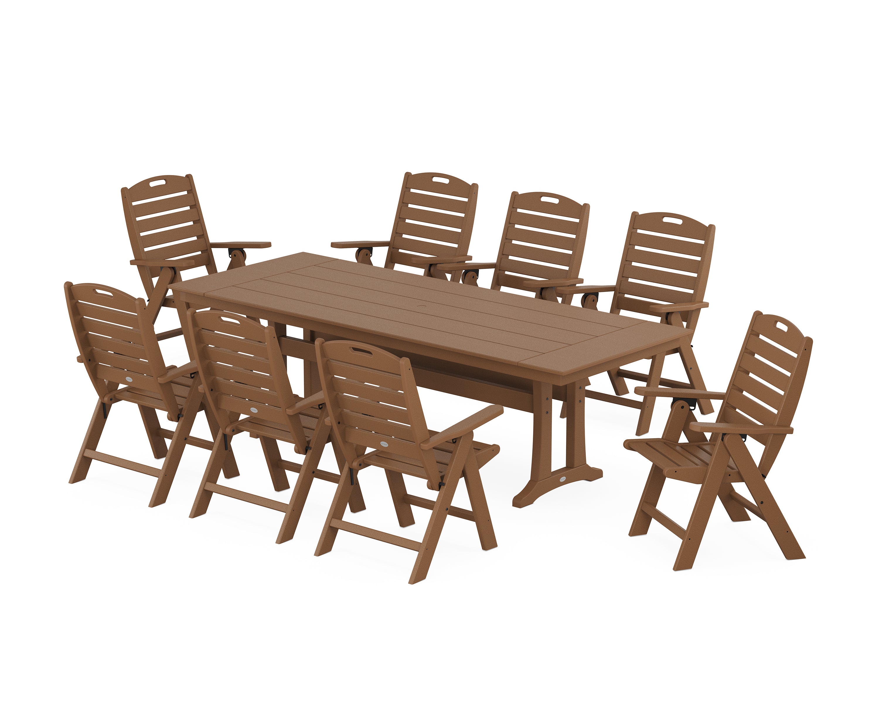 POLYWOOD® Nautical Highback 9-Piece Farmhouse Dining Set with Trestle Legs in Teak