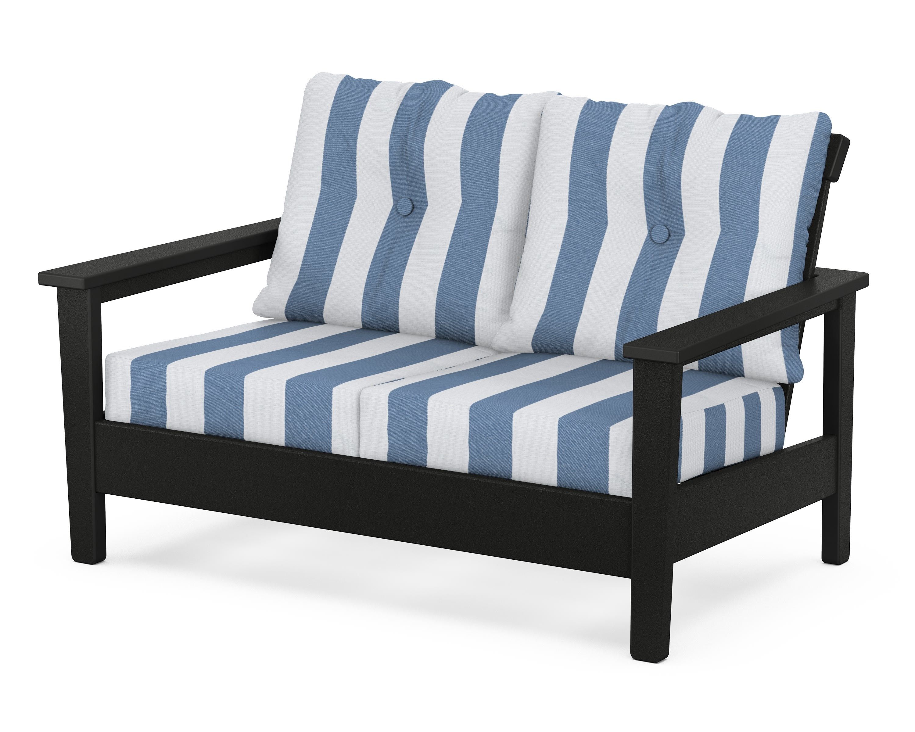 POLYWOOD® Prescott Deep Seating Loveseat in Black / Cabana Stripe Sky Blue