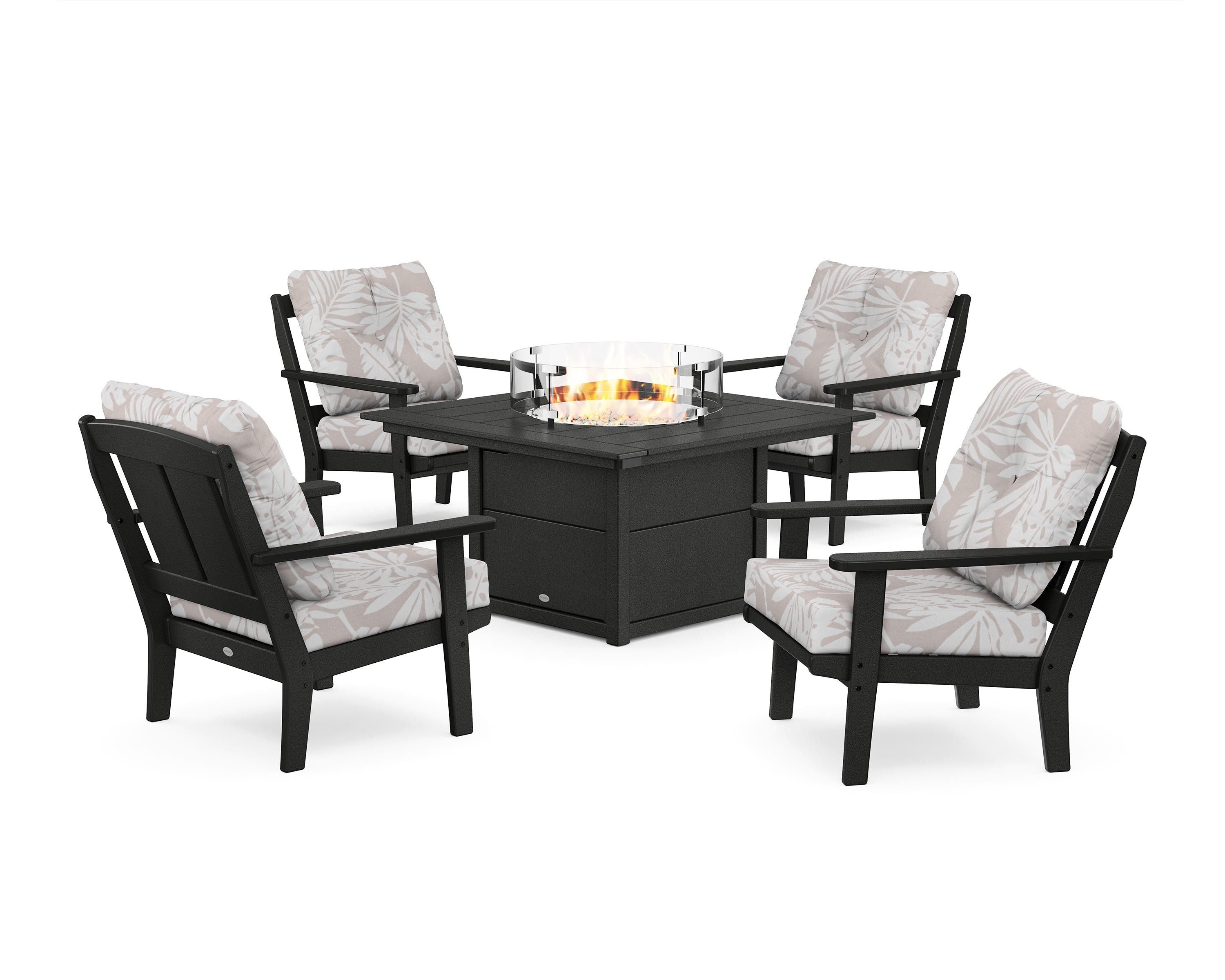 POLYWOOD® Mission 5-Piece Deep Seating Set with Fire Pit Table in Black / Leaf Dune Burlap