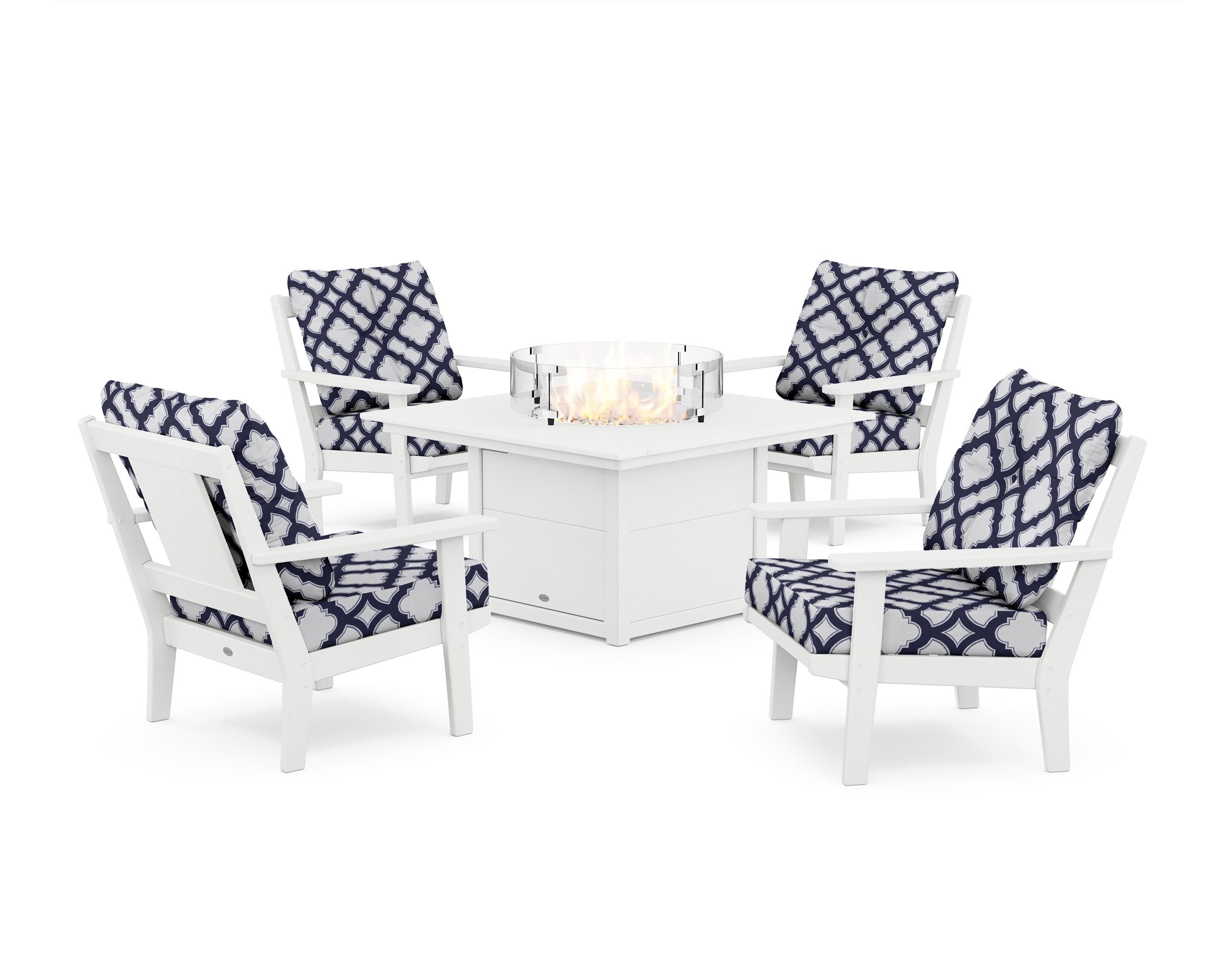 POLYWOOD® Prairie 5-Piece Deep Seating Set with Fire Pit Table in White / Trellis Navy