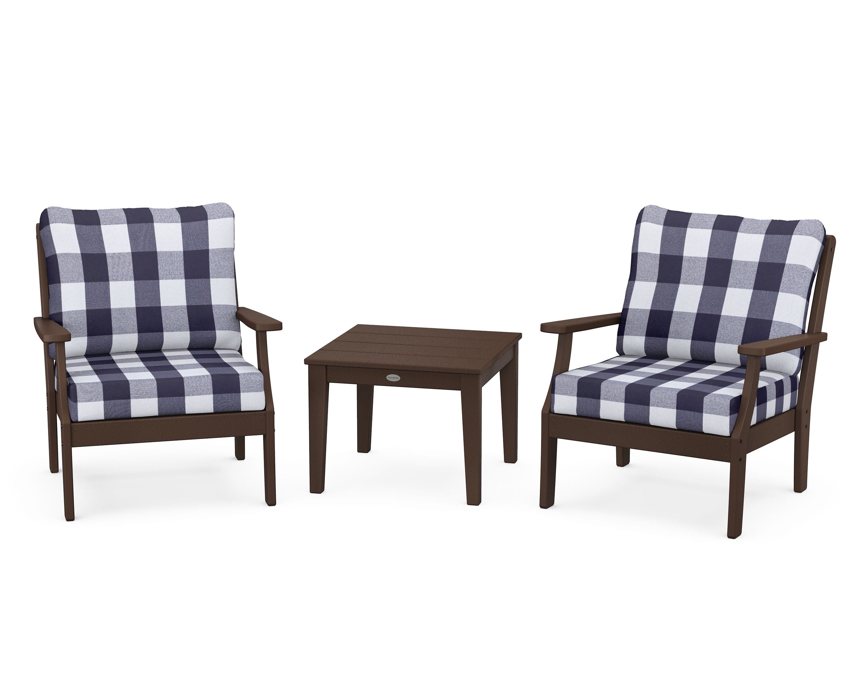 POLYWOOD® Braxton 3-Piece Deep Seating Set in Mahogany / Buffalo Plaid Navy