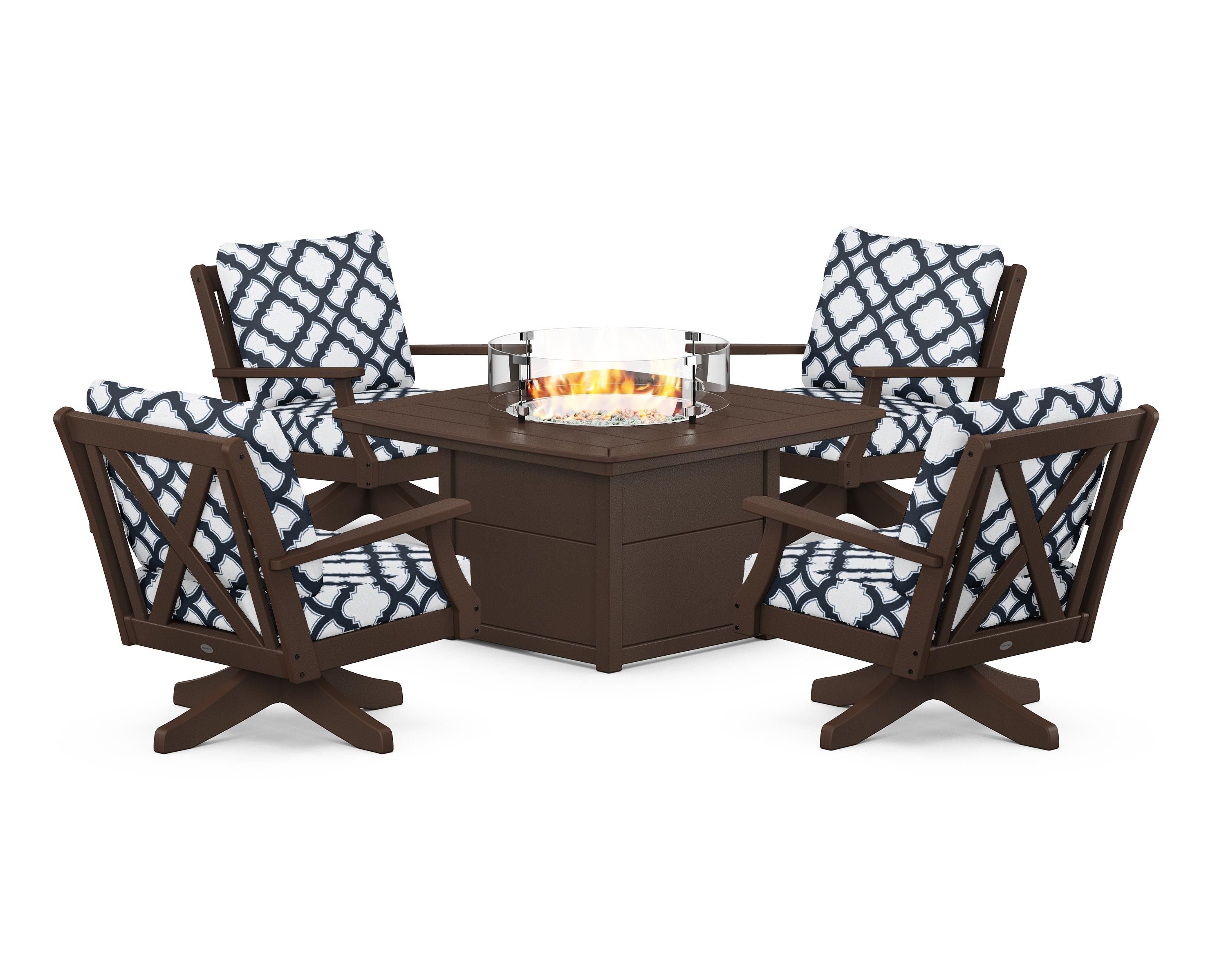 POLYWOOD® Braxton 5-Piece Deep Seating Swivel Conversation Set with Fire Pit Table in Mahogany / Trellis Marine Indigo