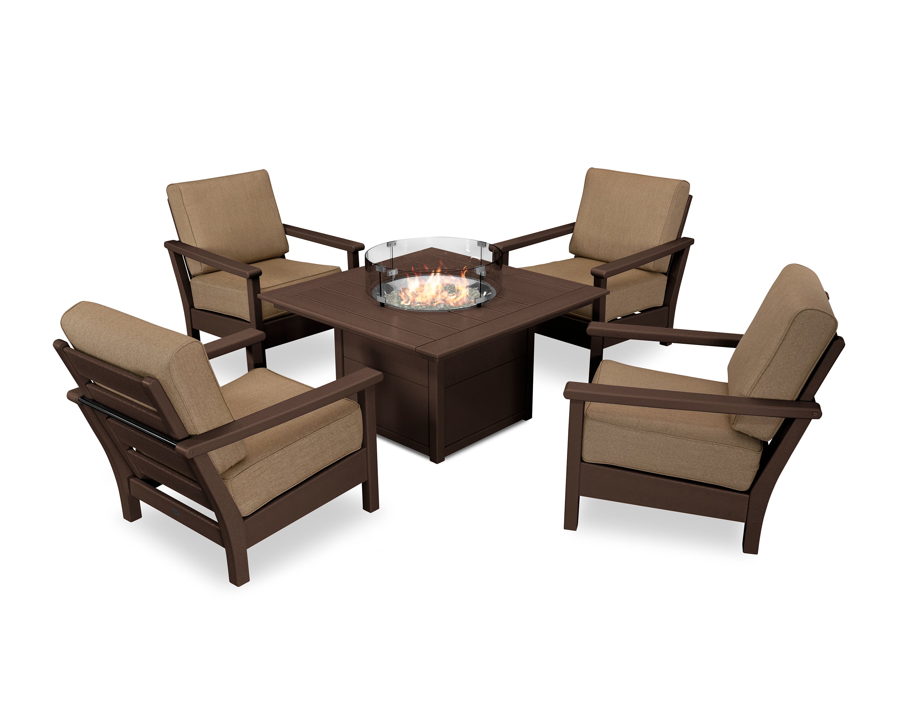 POLYWOOD® Harbour 5-Piece Conversation Set with Fire Pit Table in Mahogany / Sesame