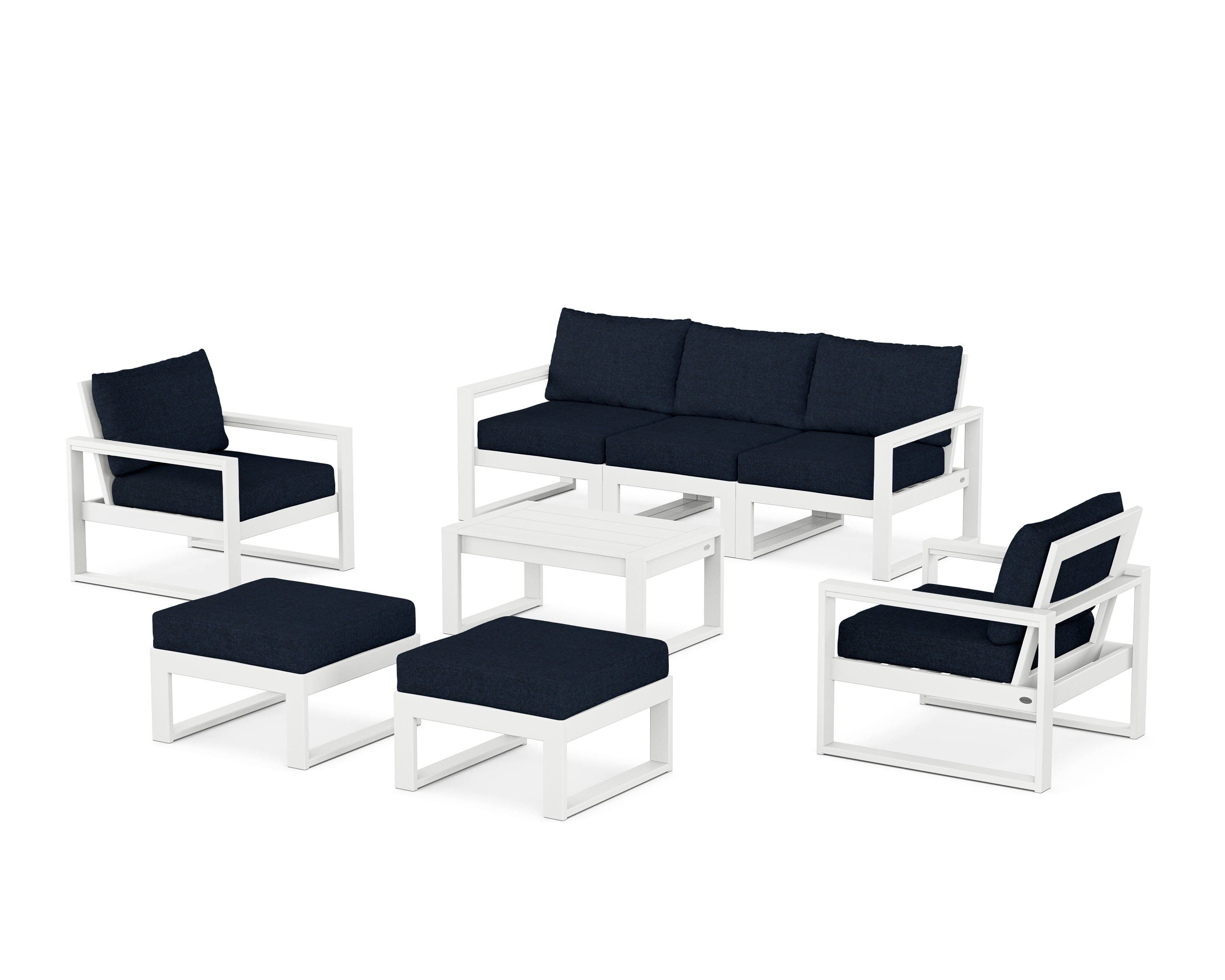 POLYWOOD® EDGE Sectional 8-Piece Lounge Sofa Set in White / Marine Indigo