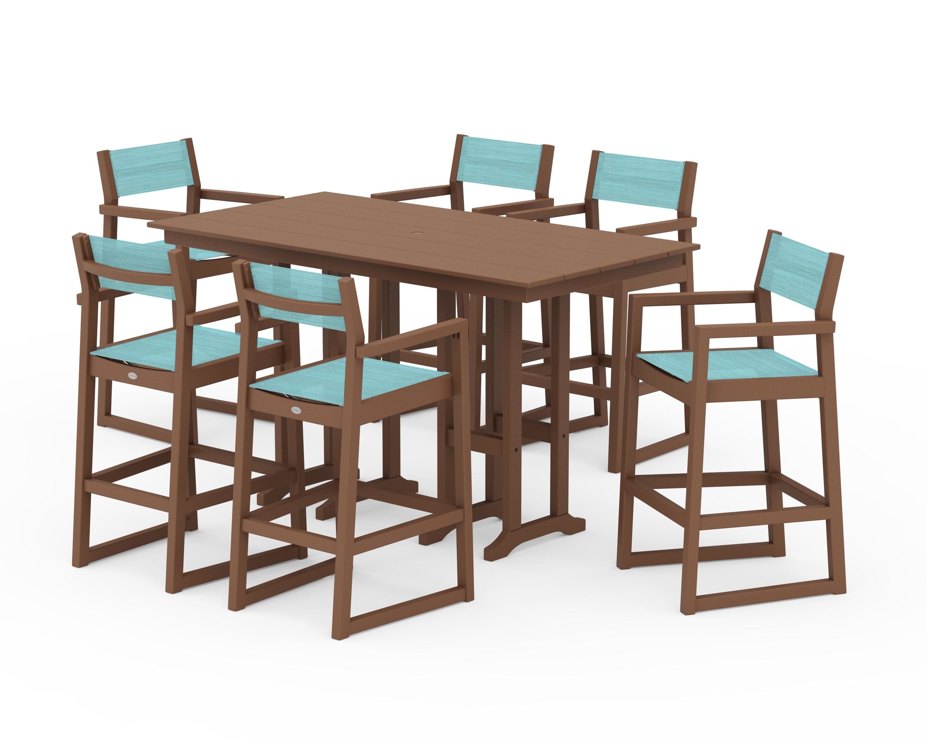 POLYWOOD® EDGE Sling Arm Chair 7-Piece Farmhouse Bar Set in Teak / Dupioni Aquamarine Sling