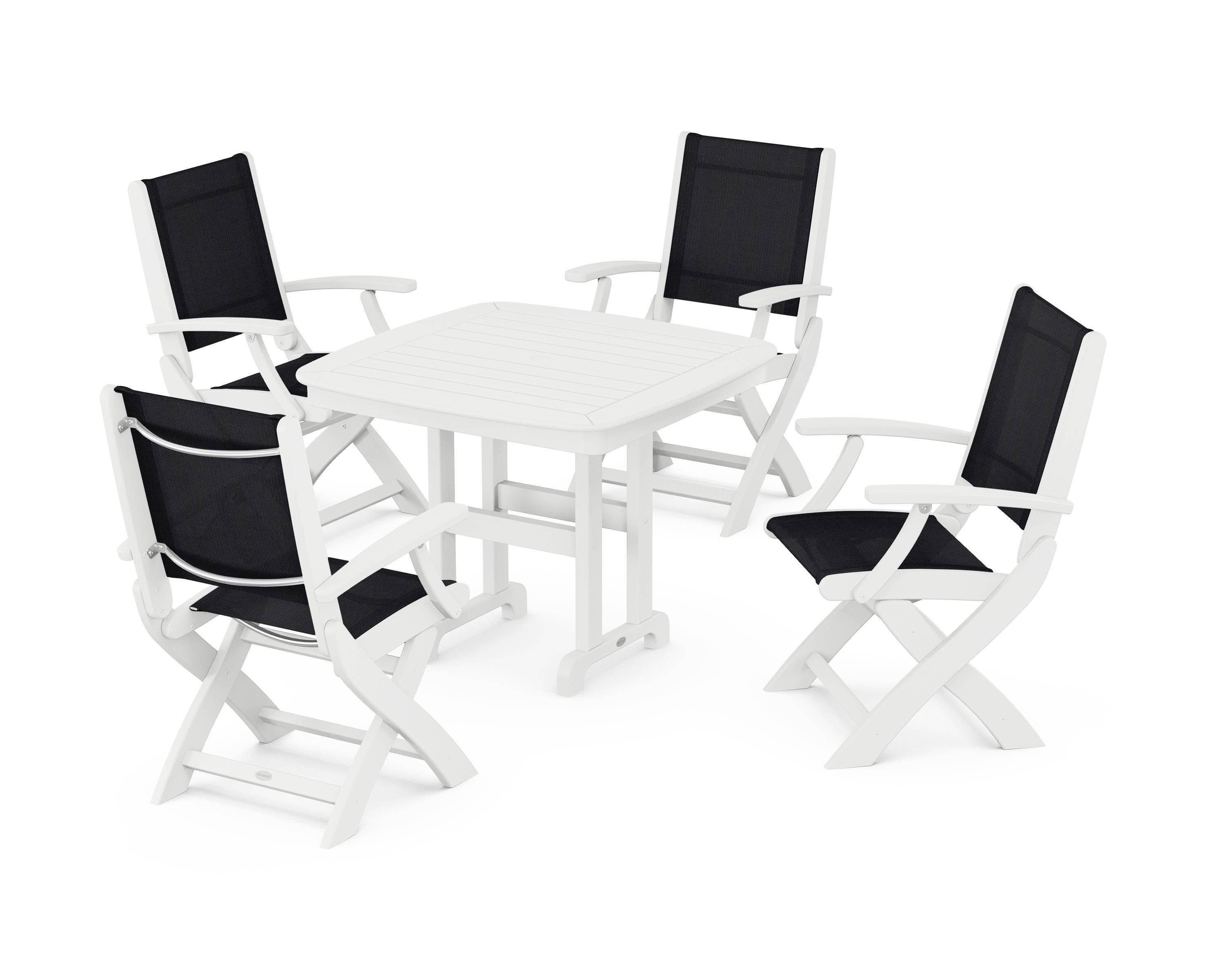 POLYWOOD® Coastal Folding Chair 5-Piece Dining Set in White / Black Sling