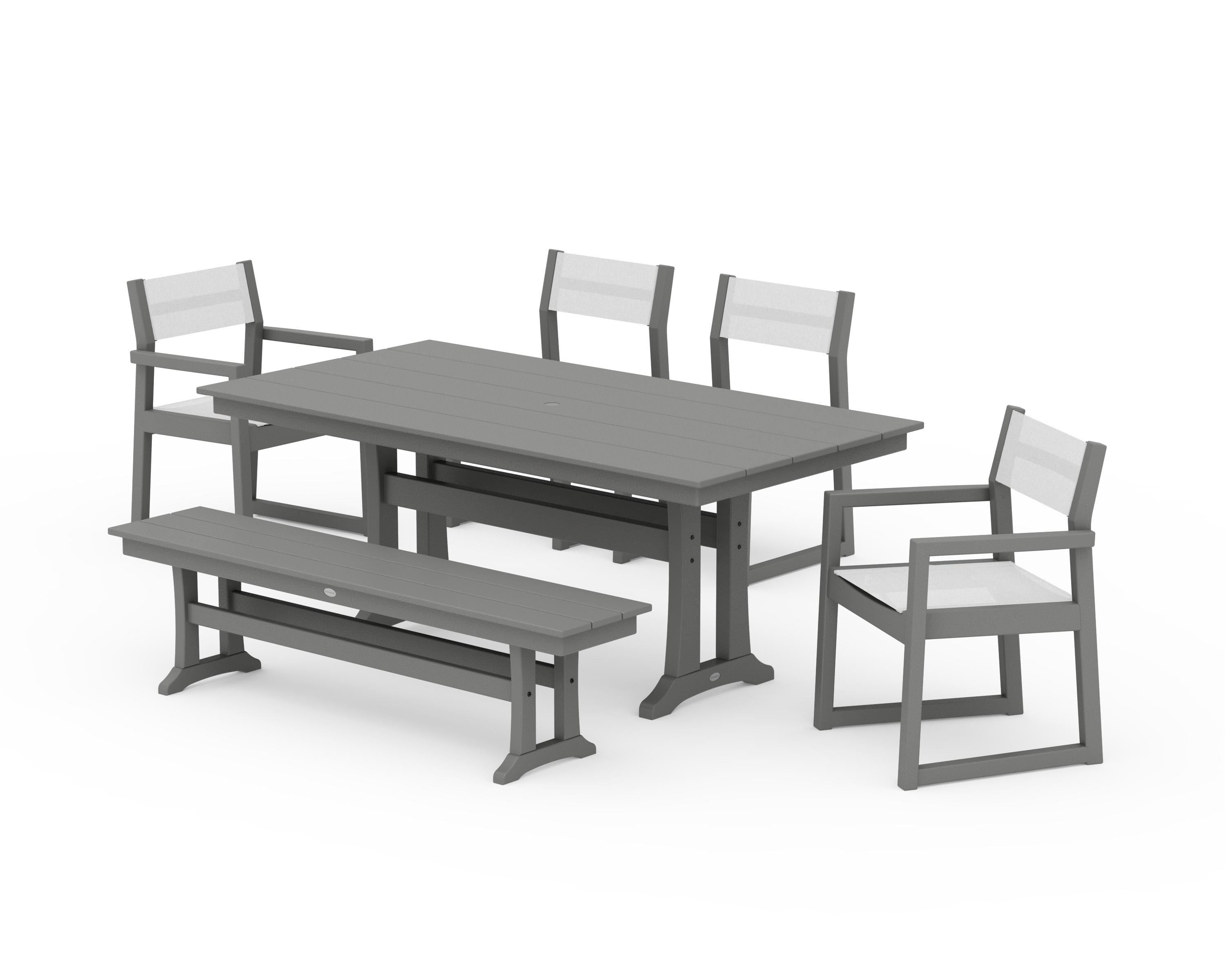 POLYWOOD® EDGE Sling 6-Piece Farmhouse Dining Set With Trestle Legs in Slate Grey / White Sling