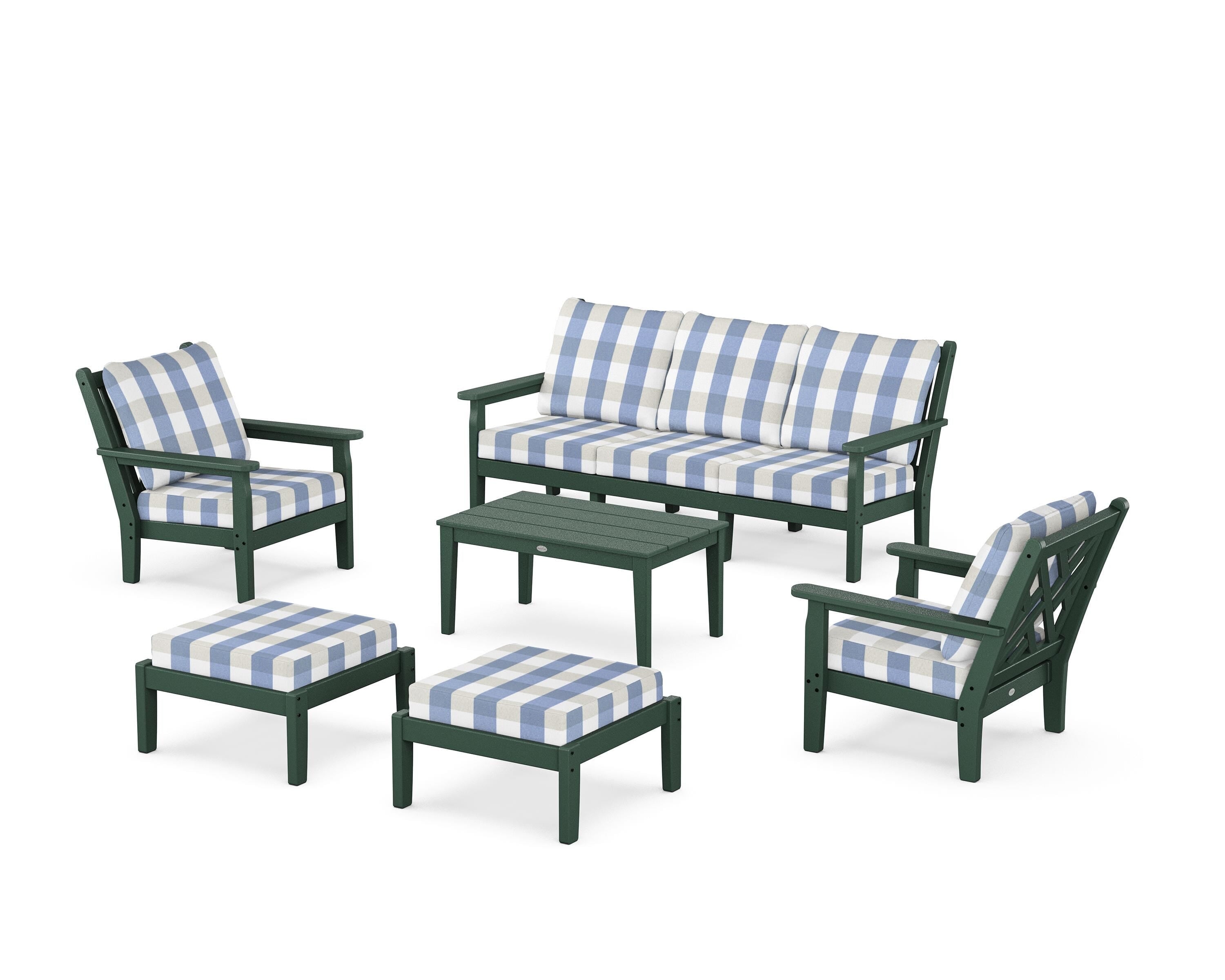 POLYWOOD® Chippendale 6-Piece Lounge Sofa Set in Green / Buffalo Plaid Sky Blue