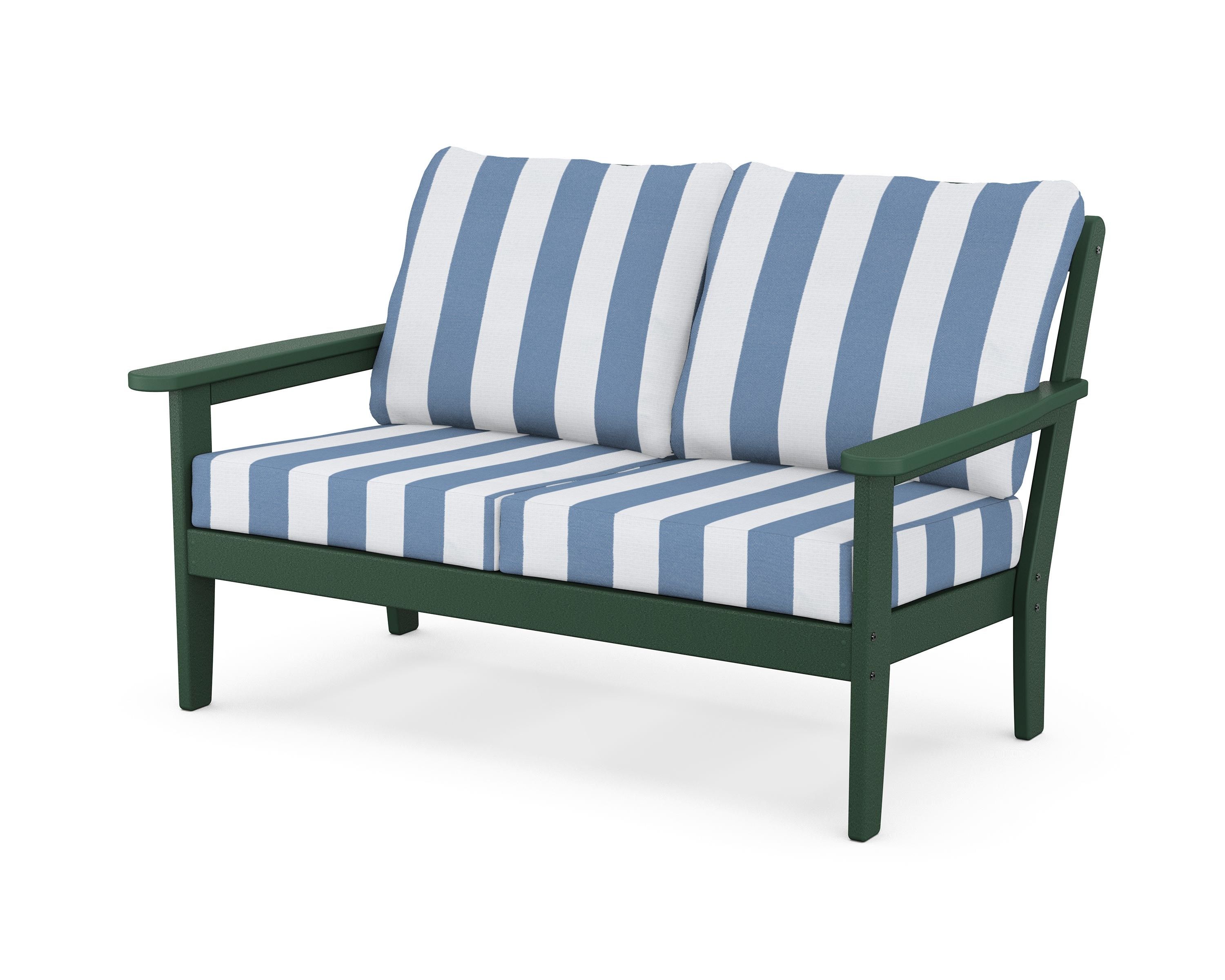 Country Living Cottage Deep Seating Loveseat in Green / Cabana Stripe Sky Blue