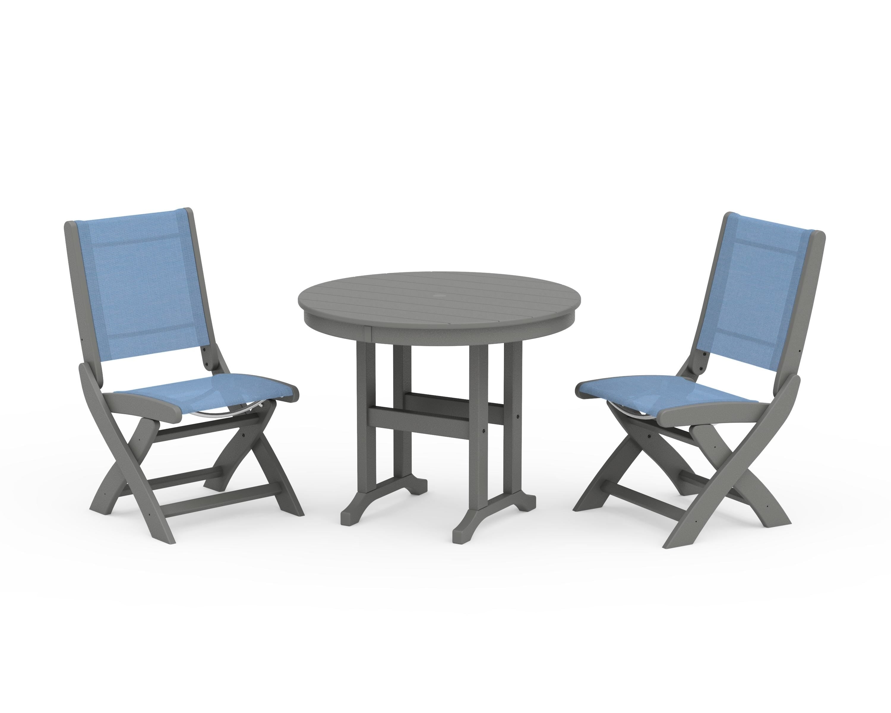 POLYWOOD® Coastal Folding Side Chair 3-Piece Round Dining Set in Slate Grey / Poolside Sling