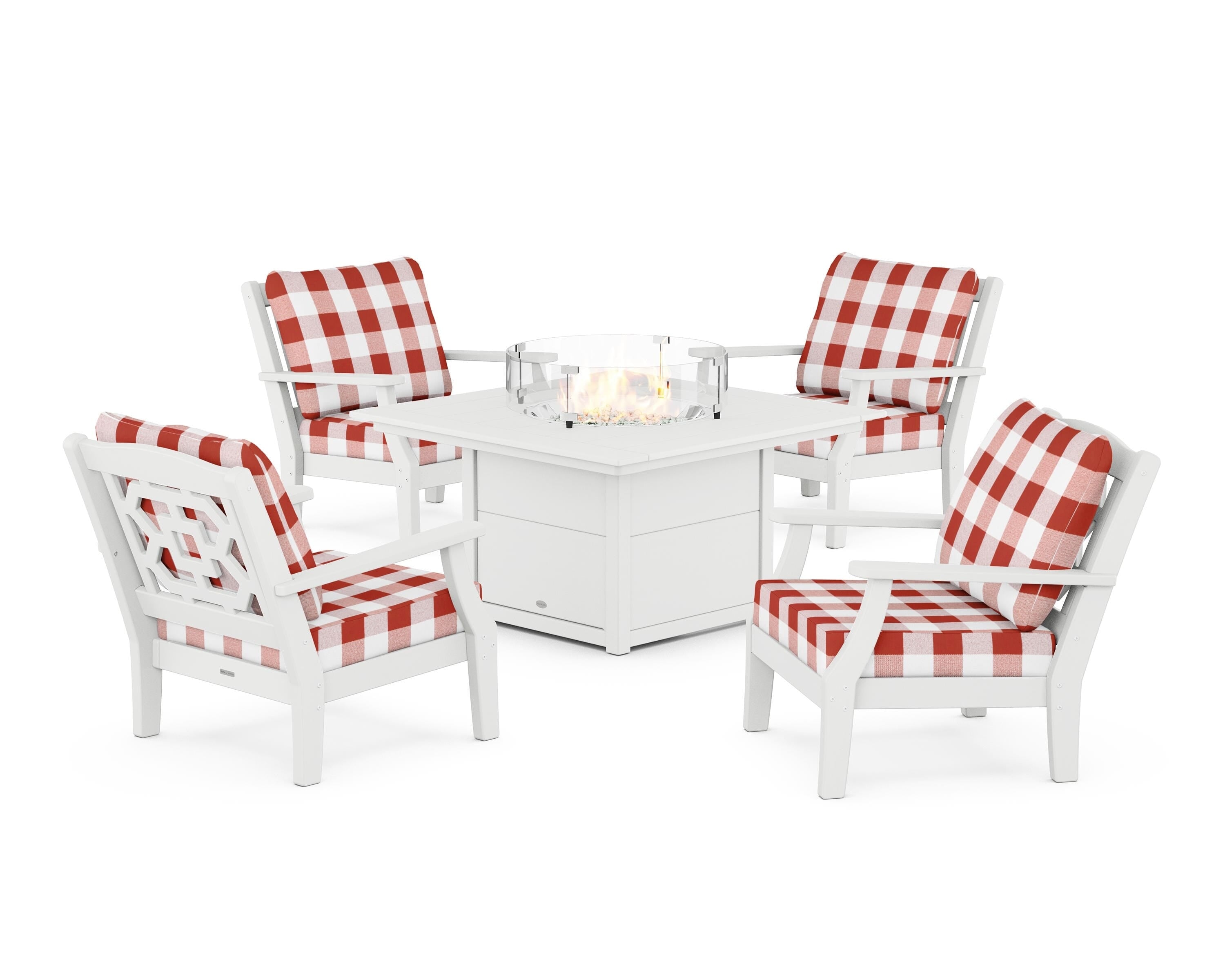 Martha Stewart by POLYWOOD® Chinoiserie 5-Piece Deep Seating Set with Fire Pit Table in White / Buffalo Plaid Crimson