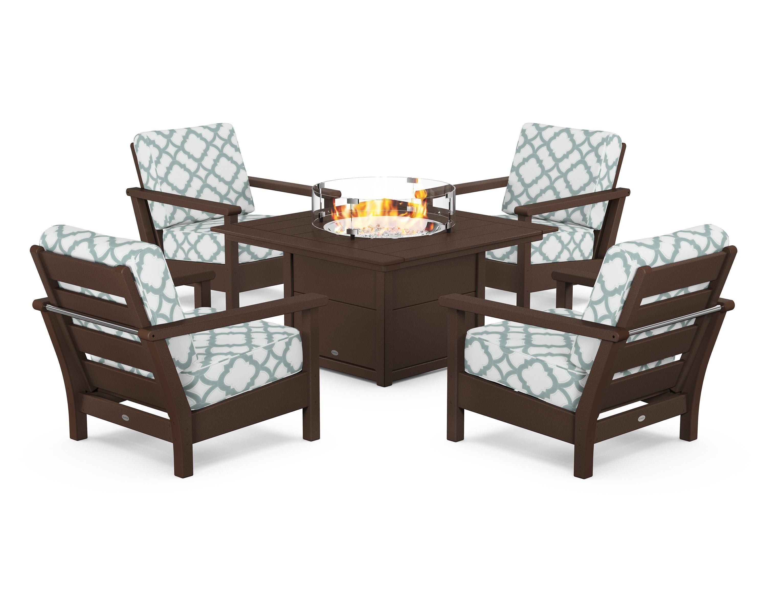 POLYWOOD® Harbour 5-Piece Conversation Set with Fire Pit Table in Mahogany / Trellis Glacier Spa