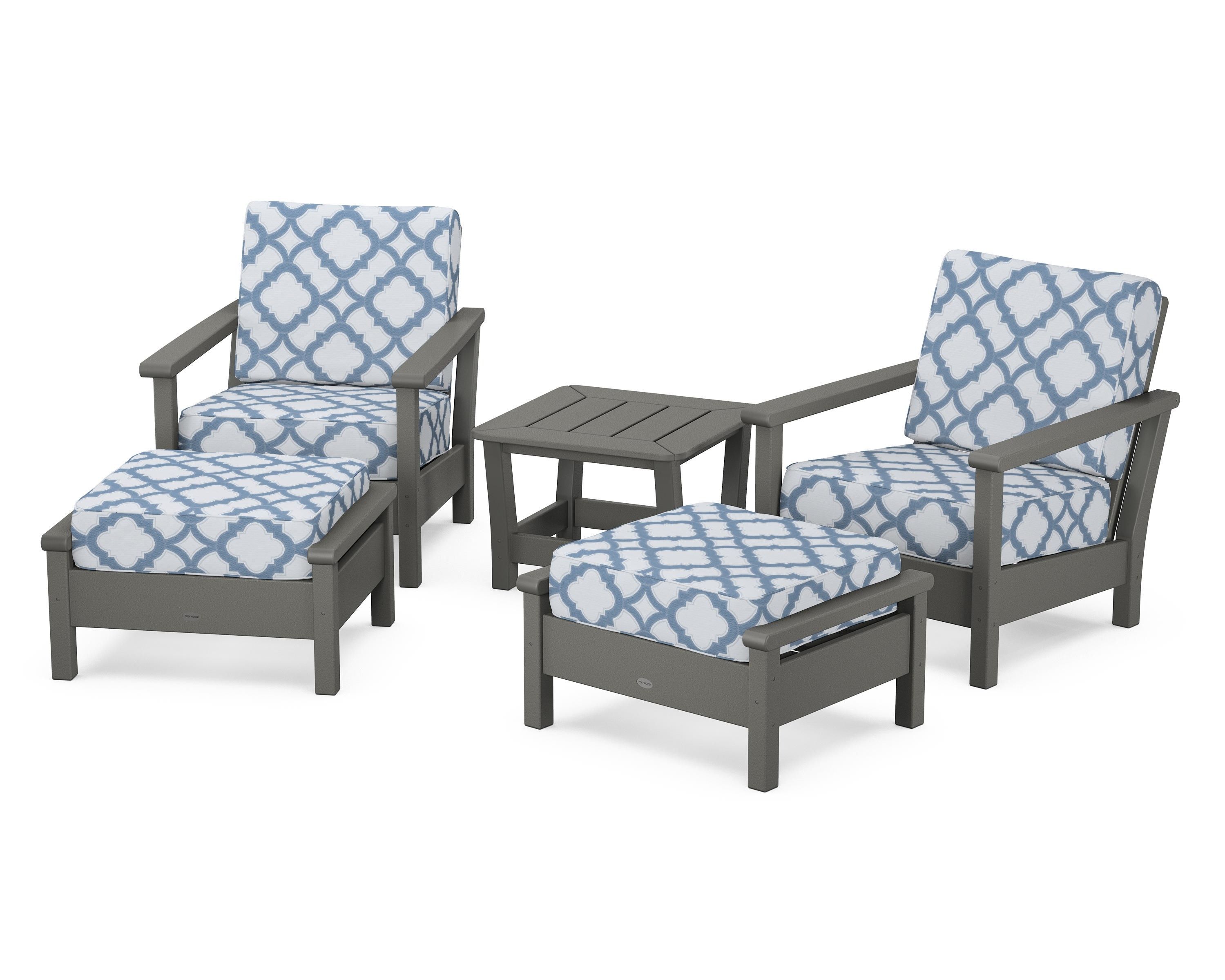 POLYWOOD® Harbour 5-Piece Deep Seating Chair Set in Slate Grey / Trellis Sky Blue