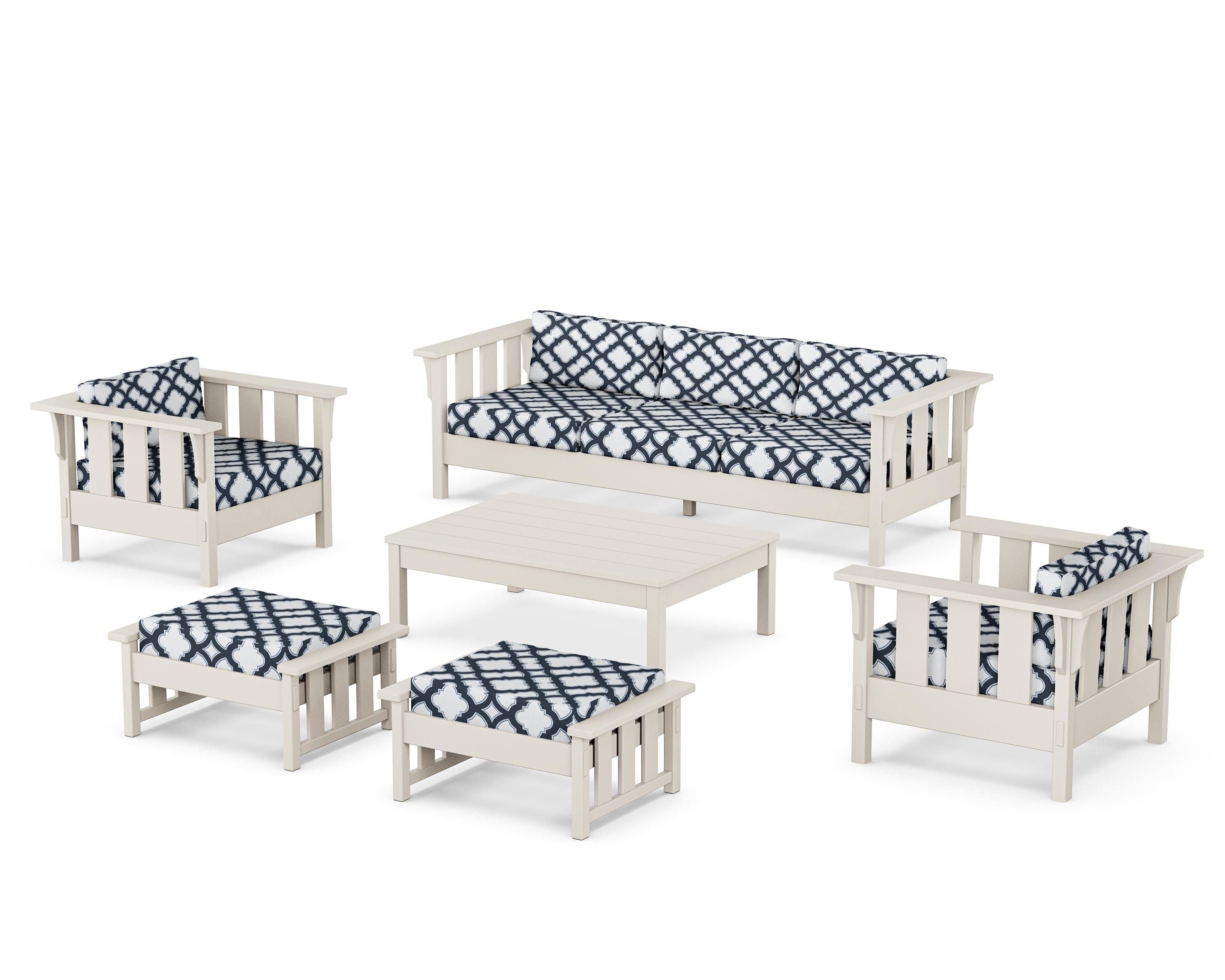 Martha Stewart by POLYWOOD® Acadia 6-Piece Lounge Sofa Set in Sand / Trellis Marine Indigo