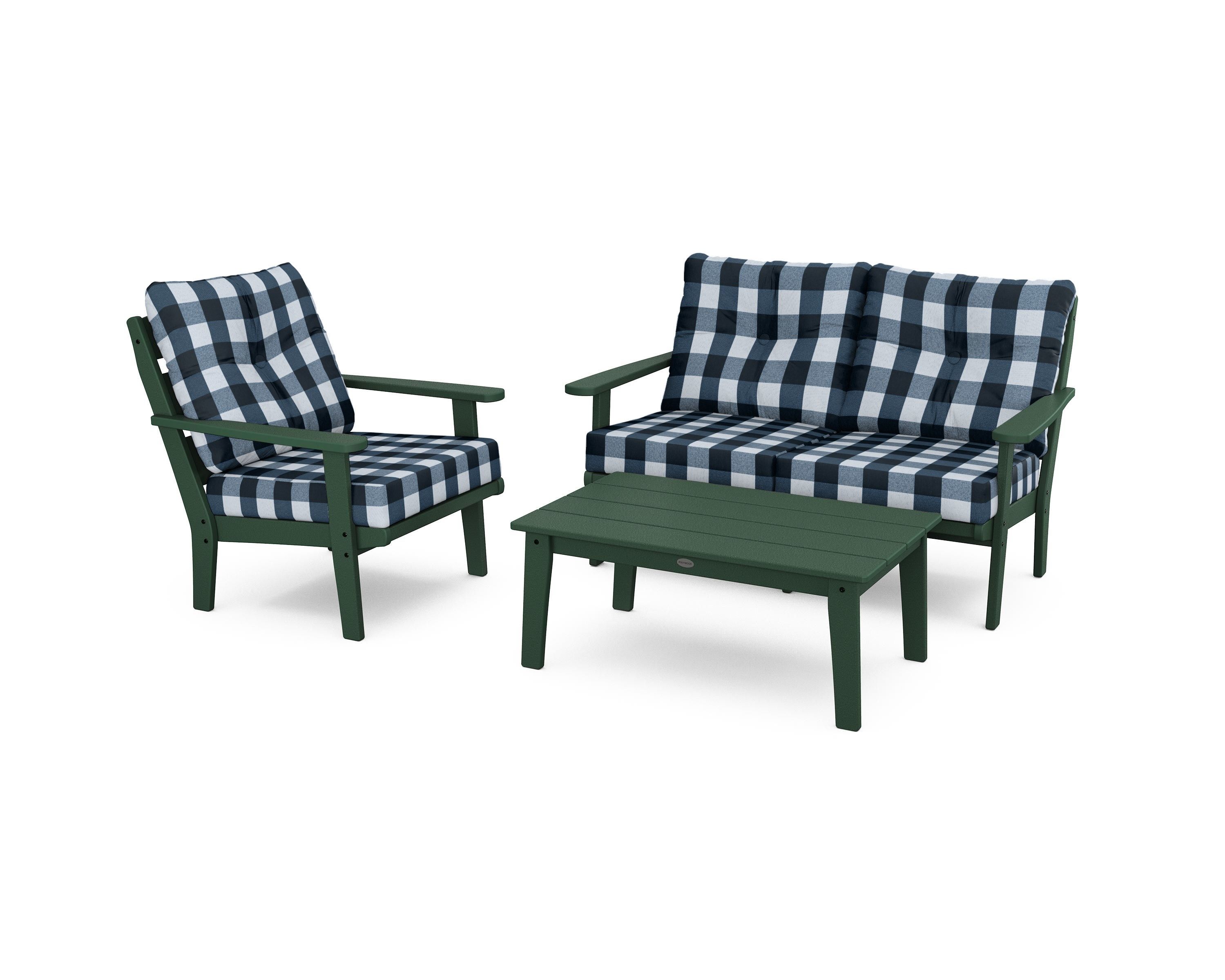 POLYWOOD® Lakeside 3-Piece Deep Seating Set in Green / Buffalo Plaid Marine Indigo