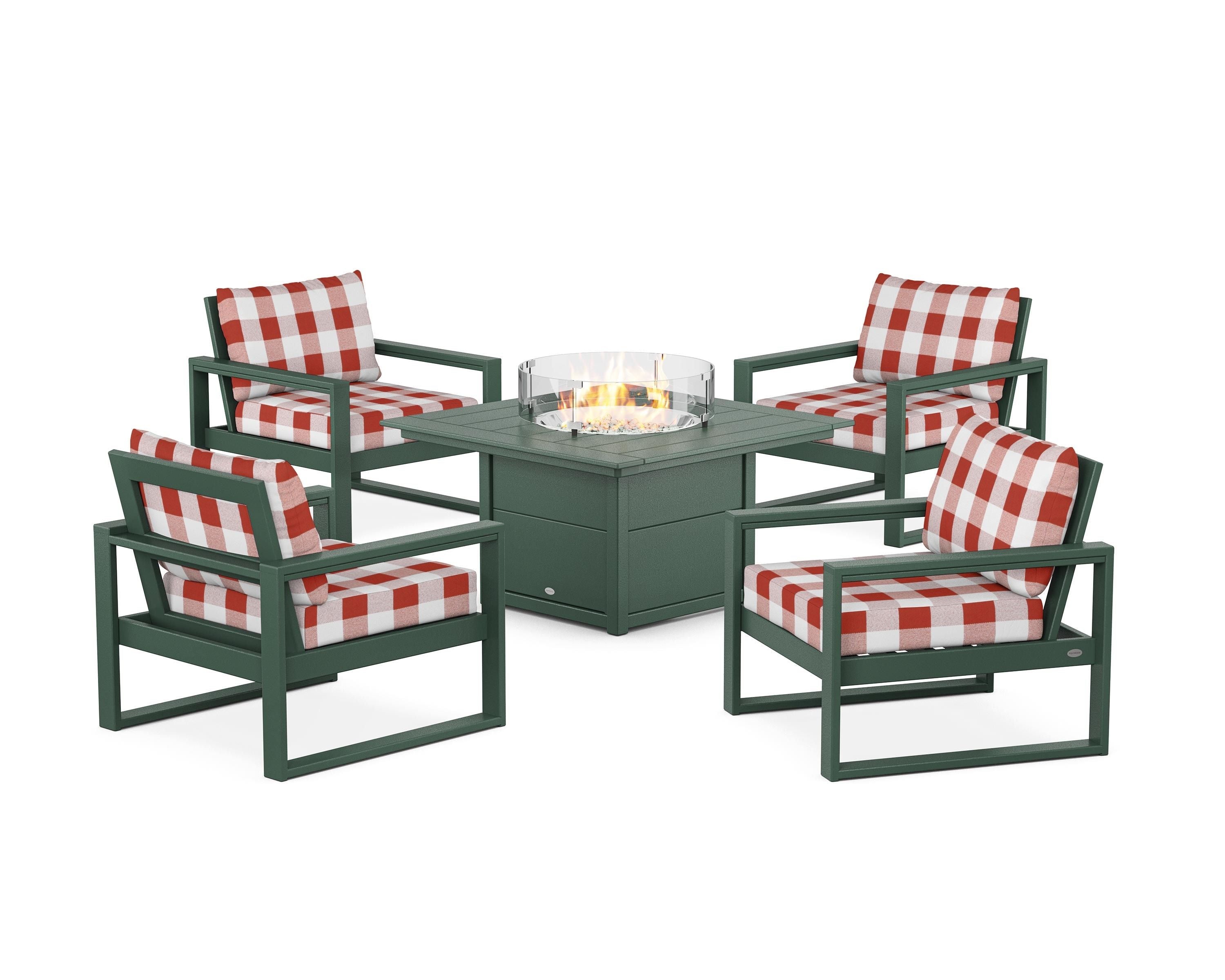 POLYWOOD® EDGE Sectional 5-Piece Deep Seating Set with Fire Pit Table in Green / Buffalo Plaid Crimson