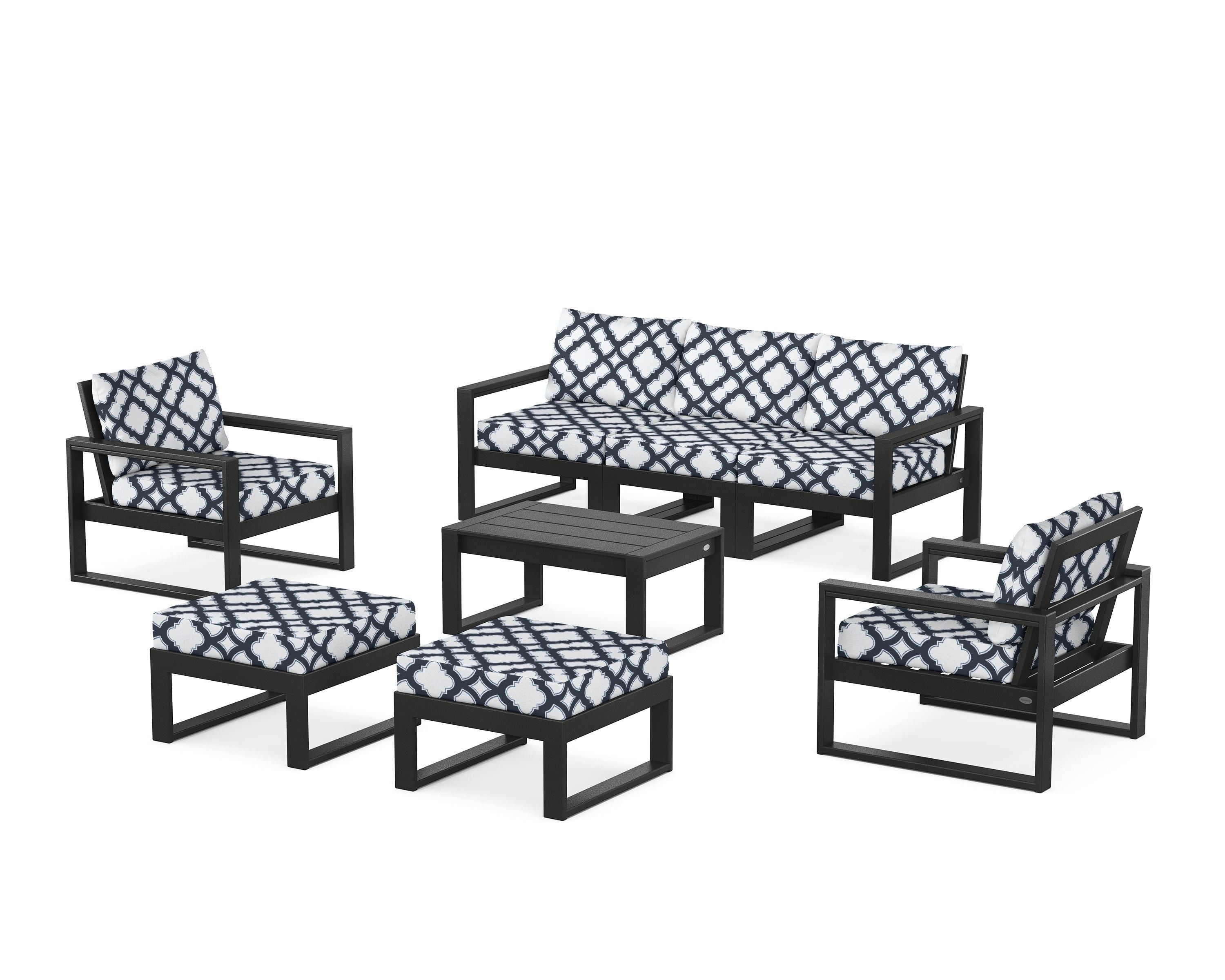 POLYWOOD® EDGE Sectional 8-Piece Lounge Sofa Set in Black / Trellis Marine Indigo