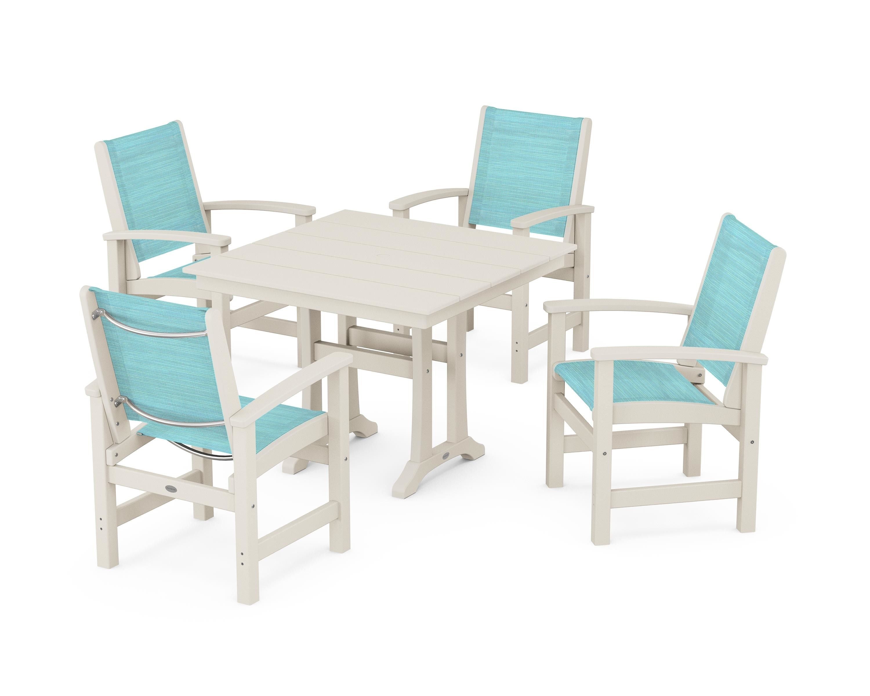 POLYWOOD® Coastal 5-Piece Farmhouse Dining Set With Trestle Legs in Sand / Dupioni Aquamarine Sling