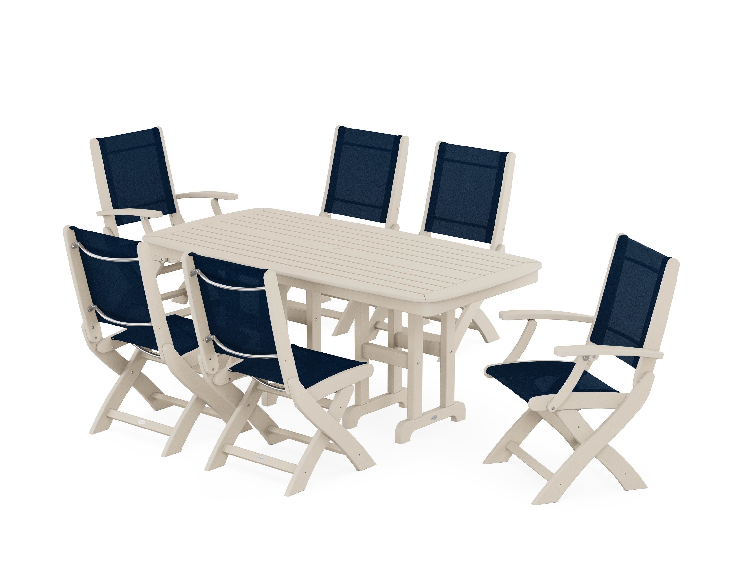 POLYWOOD® Coastal Folding Chair 7-Piece Dining Set in Sand / Navy Blue Sling