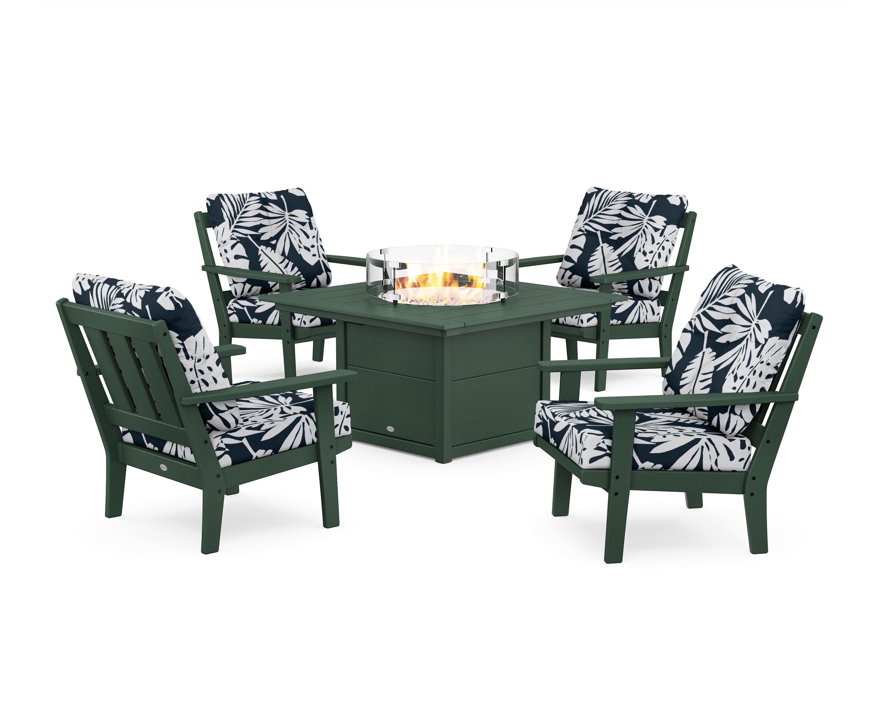 POLYWOOD® Oxford 5-Piece Deep Seating Set with Fire Pit Table in Green / Leaf Marine Indigo
