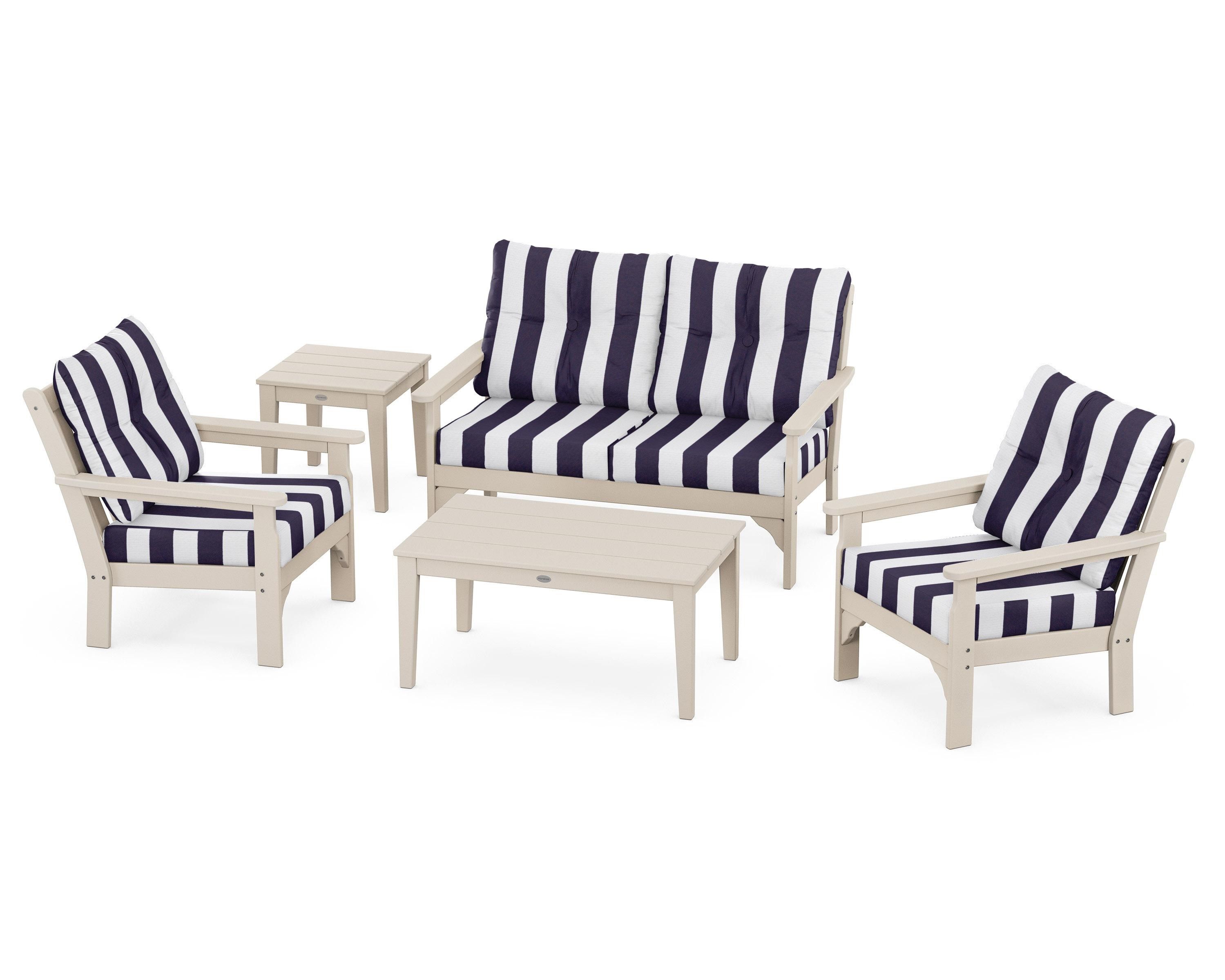 POLYWOOD® Vineyard 5-Piece Deep Seating Set in Sand / Cabana Stripe Navy
