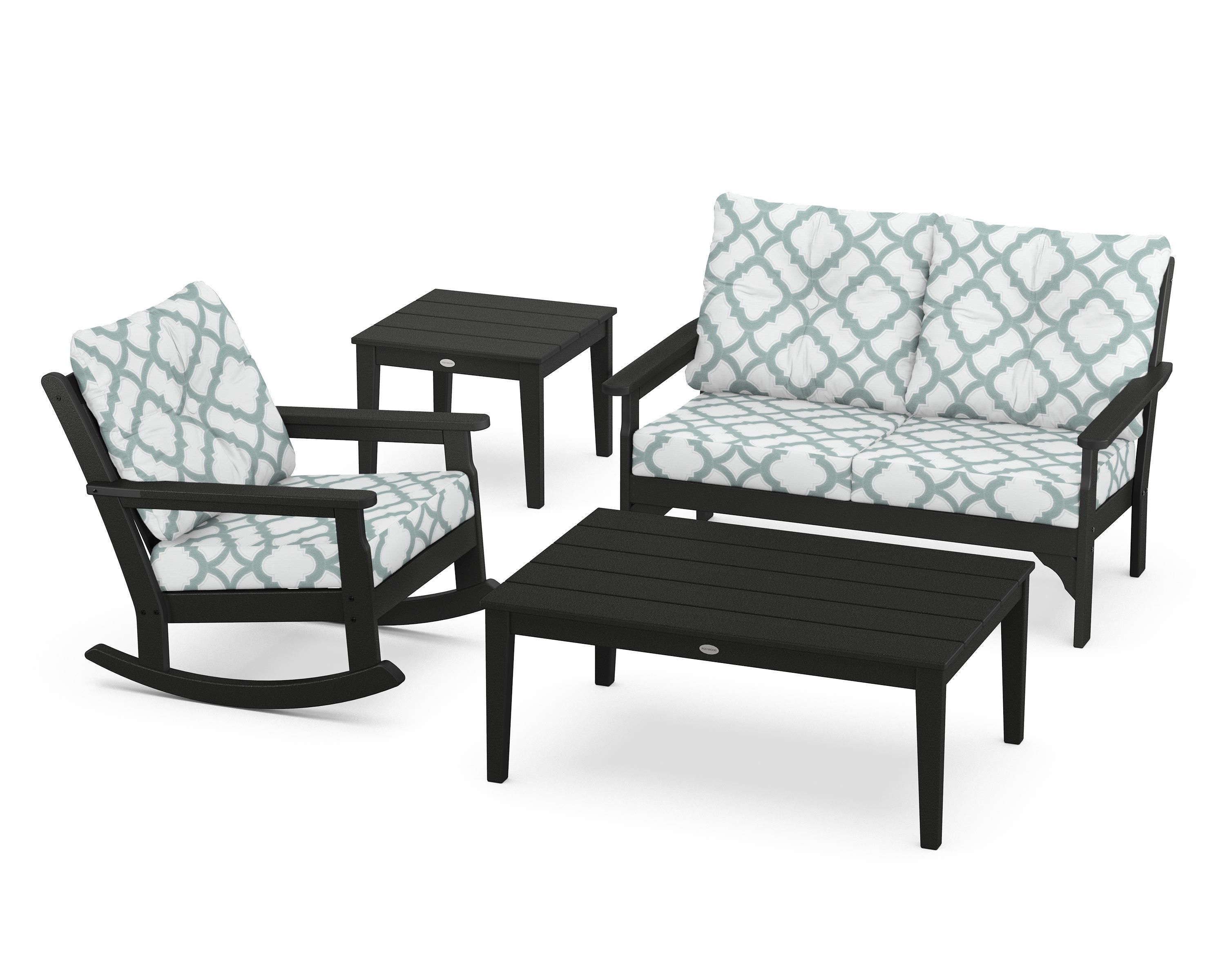 POLYWOOD® Vineyard 4-Piece Deep Seating Rocker Set in Black / Trellis Glacier Spa