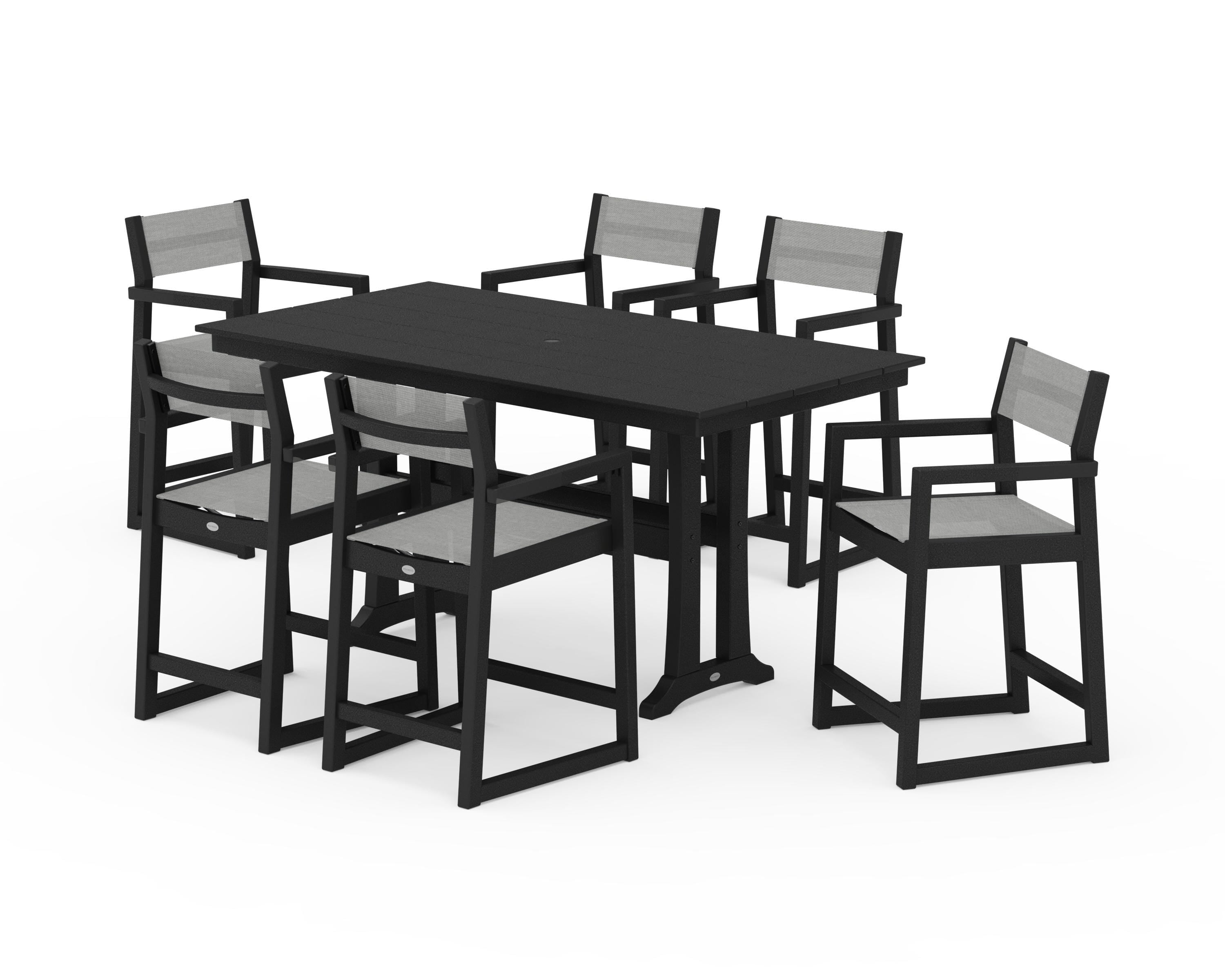 POLYWOOD® EDGE Sling Arm Chair 7-Piece Farmhouse Counter Set with Trestle Legs in Black / Metallic Sling