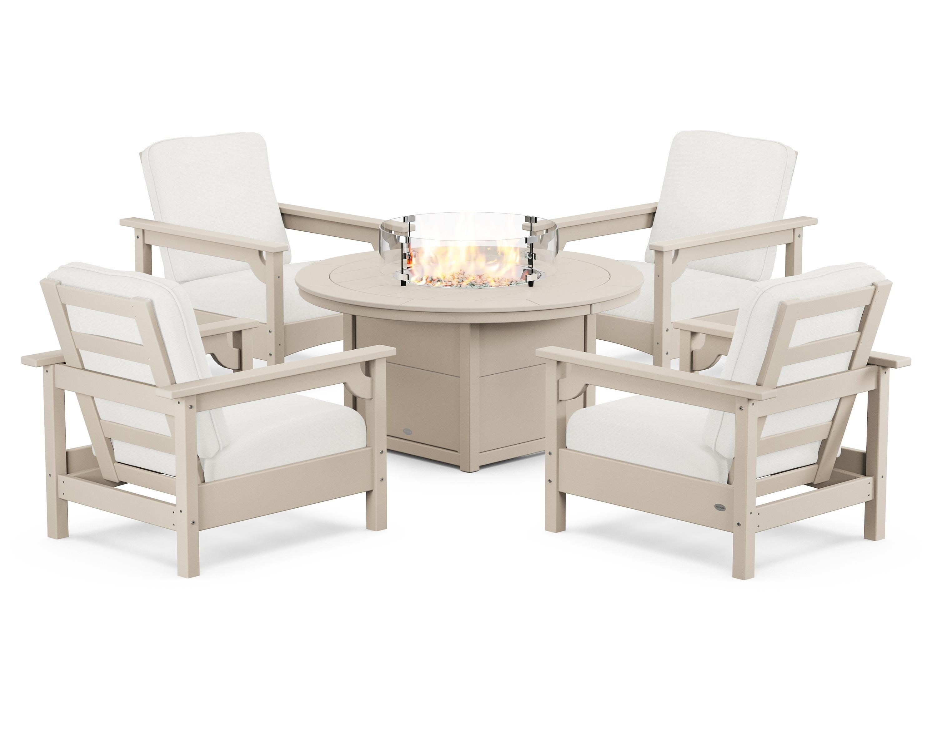 POLYWOOD® Club 5-Piece Conversation Set with Fire Pit Table in Sand / Natural Linen