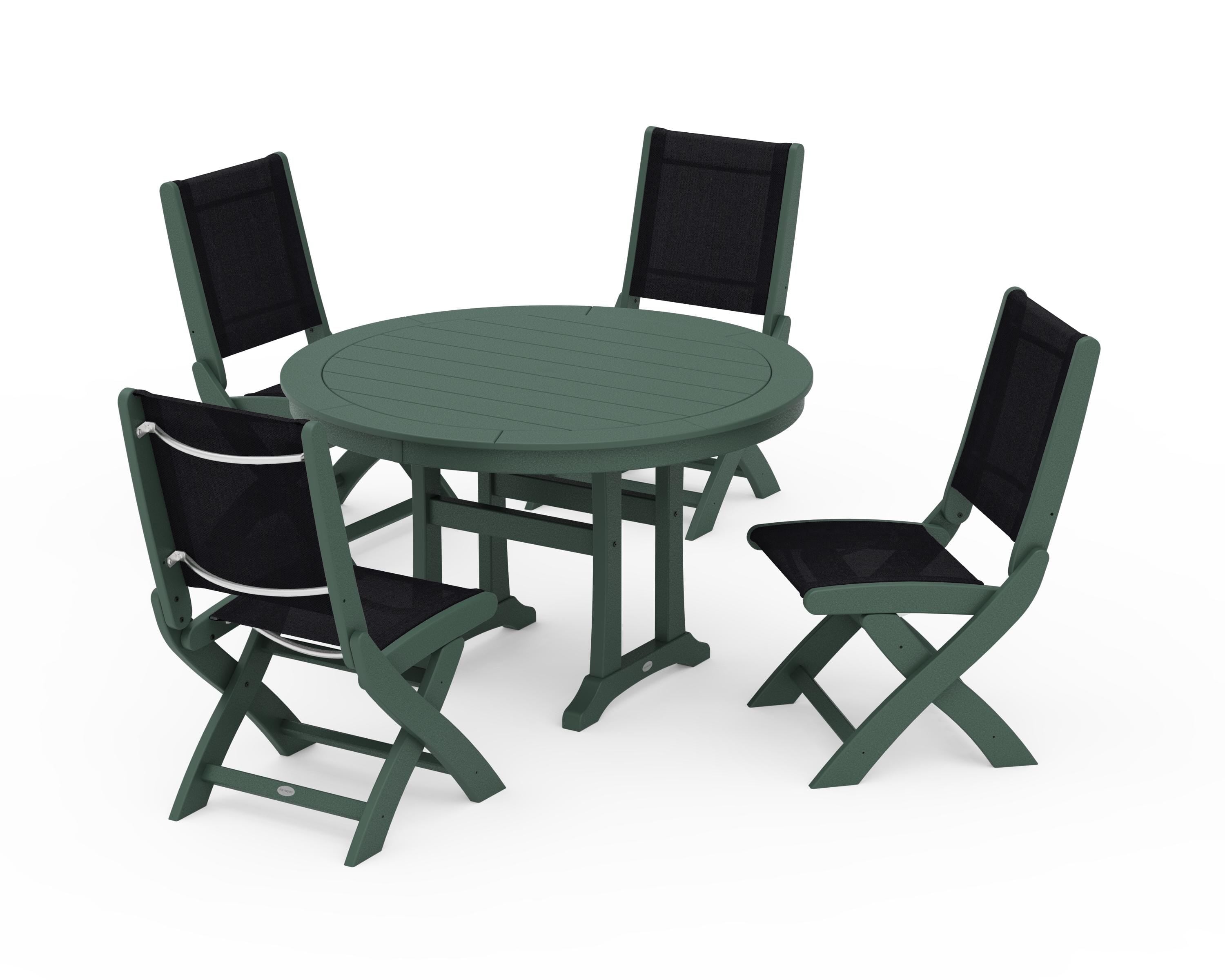 POLYWOOD® Coastal Folding Side Chair 5-Piece Round Dining Set With Trestle Legs in Green / Black Sling