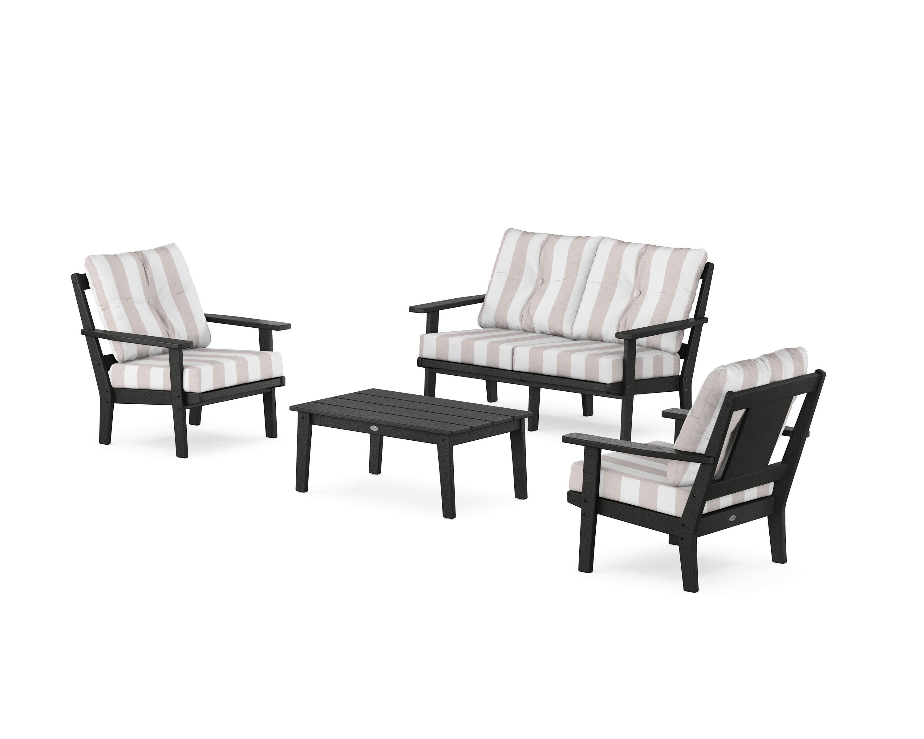 POLYWOOD® Prairie 4-Piece Deep Seating Set with Loveseat in Black / Cabana Stripe Dune Burlap