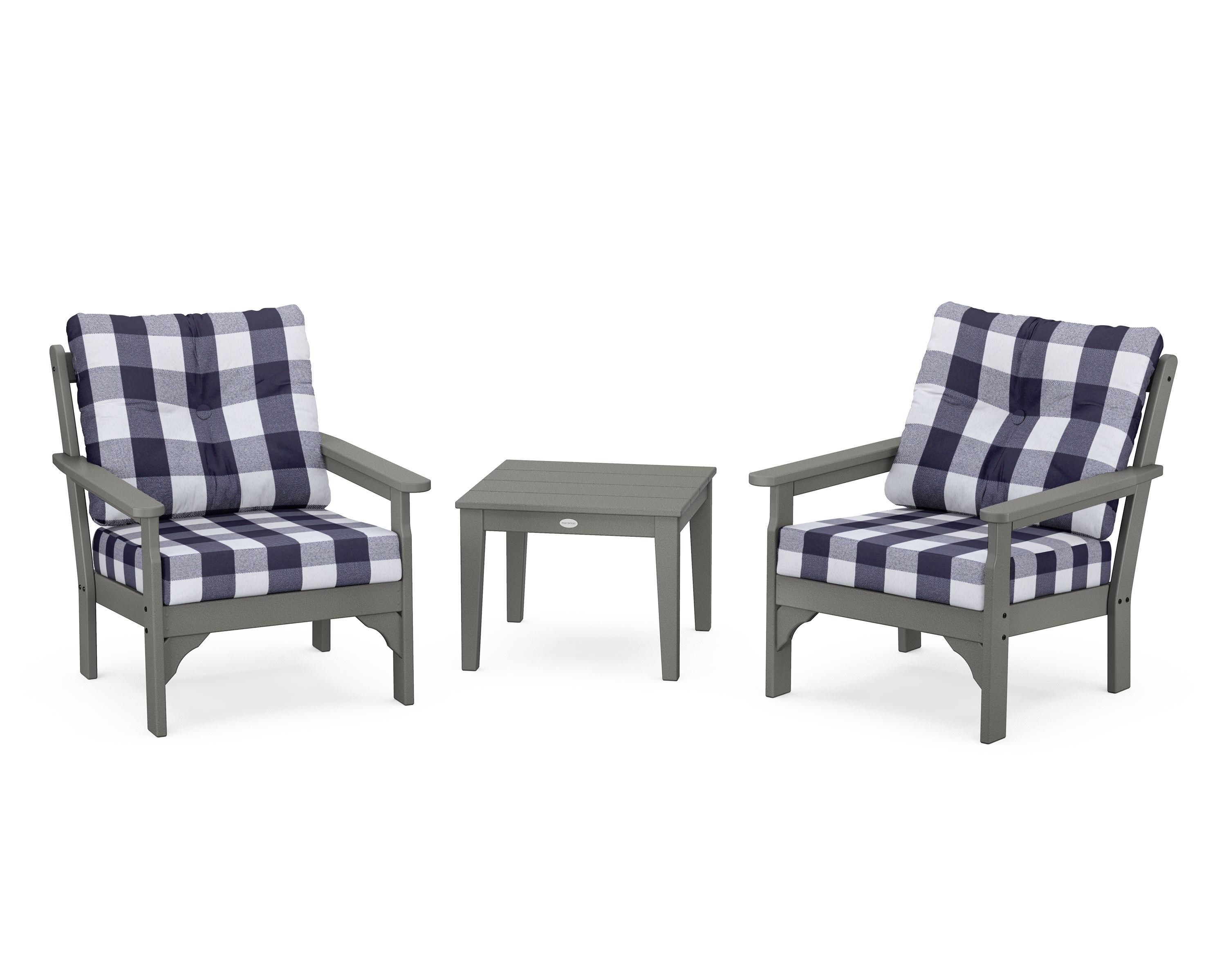 POLYWOOD® Vineyard 3-Piece Deep Seating Set in Slate Grey / Buffalo Plaid Navy