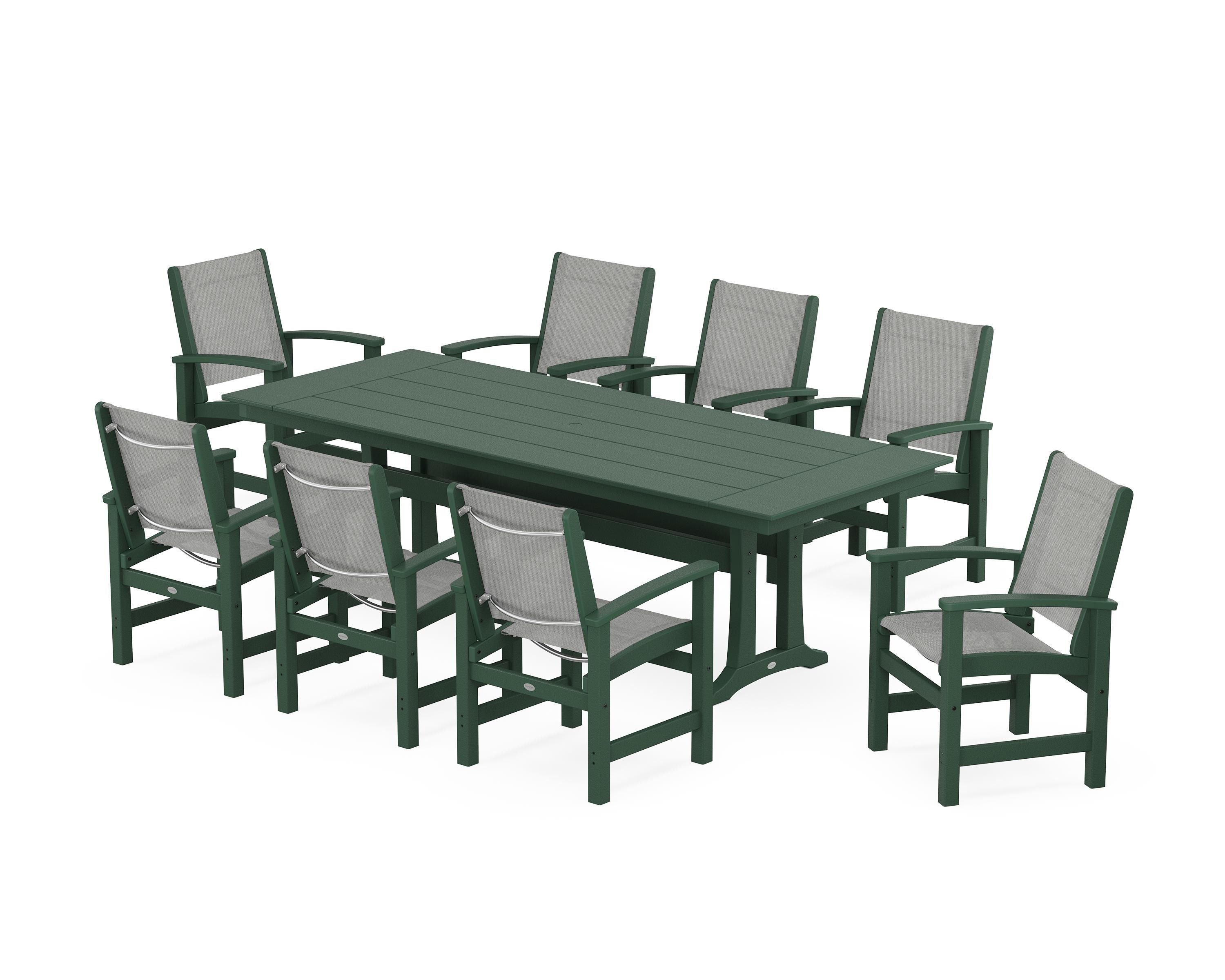 POLYWOOD® Coastal 9-Piece Farmhouse Dining Set with Trestle Legs in Green / Metallic Sling