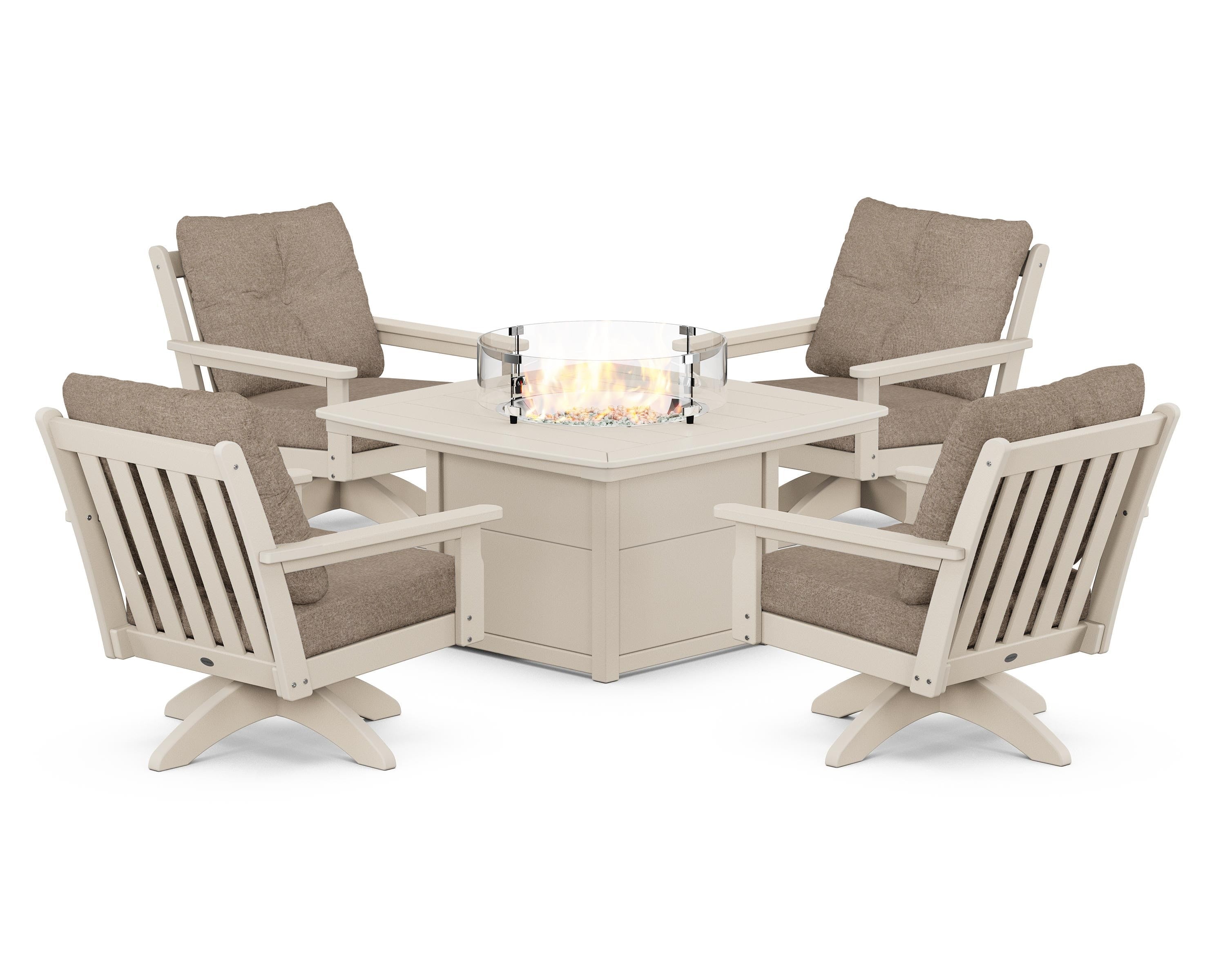 POLYWOOD® Vineyard 5-Piece Deep Seating Swivel Conversation Set with Fire Pit Table in Sand / Spiced Burlap