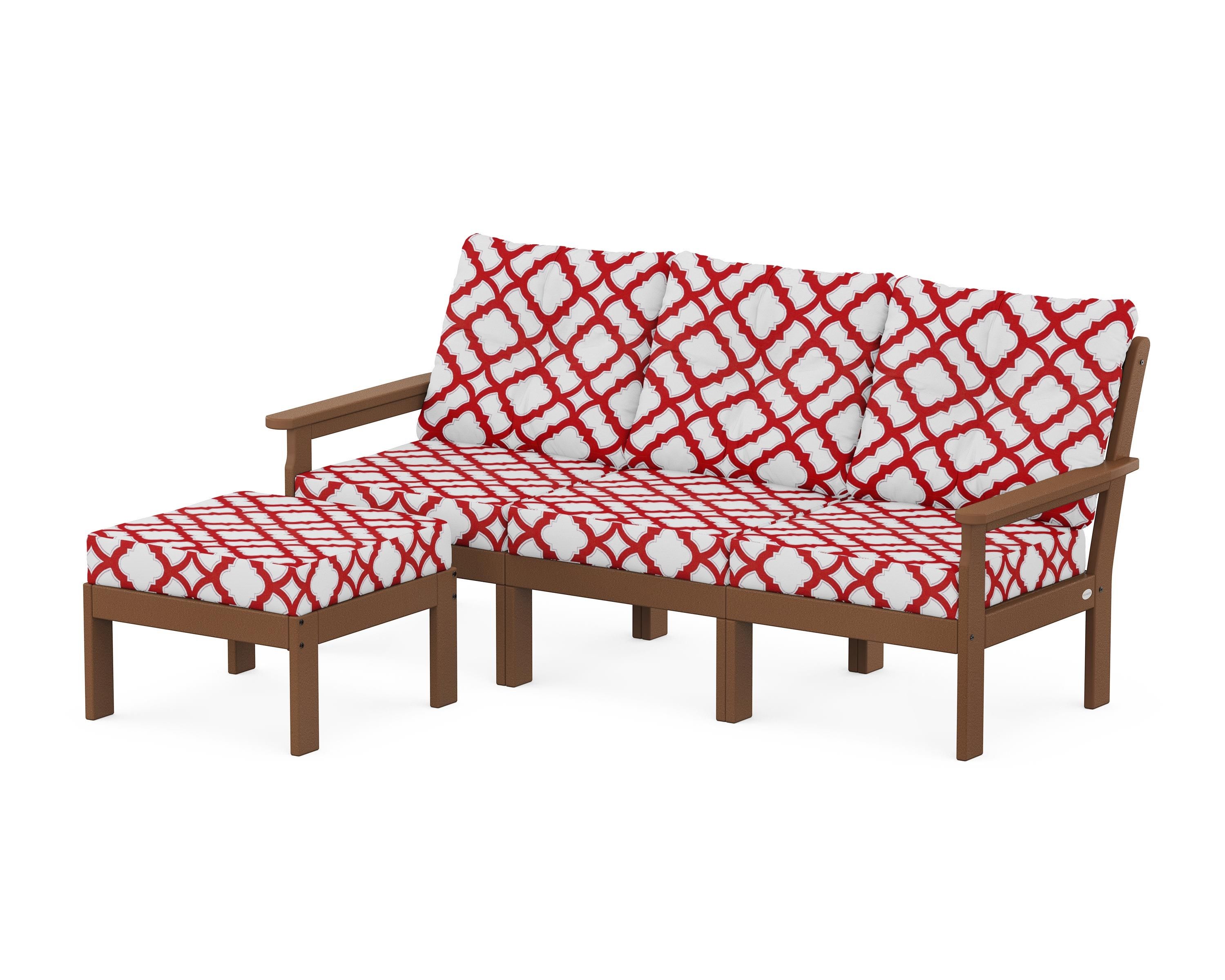 POLYWOOD® Vineyard 4-Piece Sectional with Ottoman in Teak / Trellis Crimson