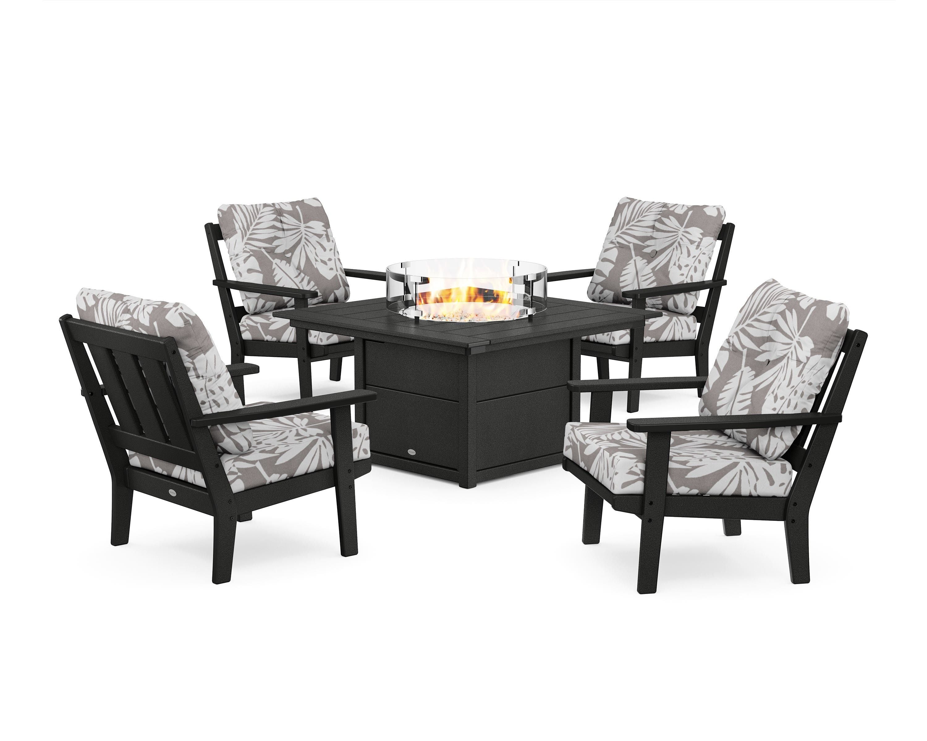 POLYWOOD® Oxford 5-Piece Deep Seating Set with Fire Pit Table in Black / Leaf Grey Mist