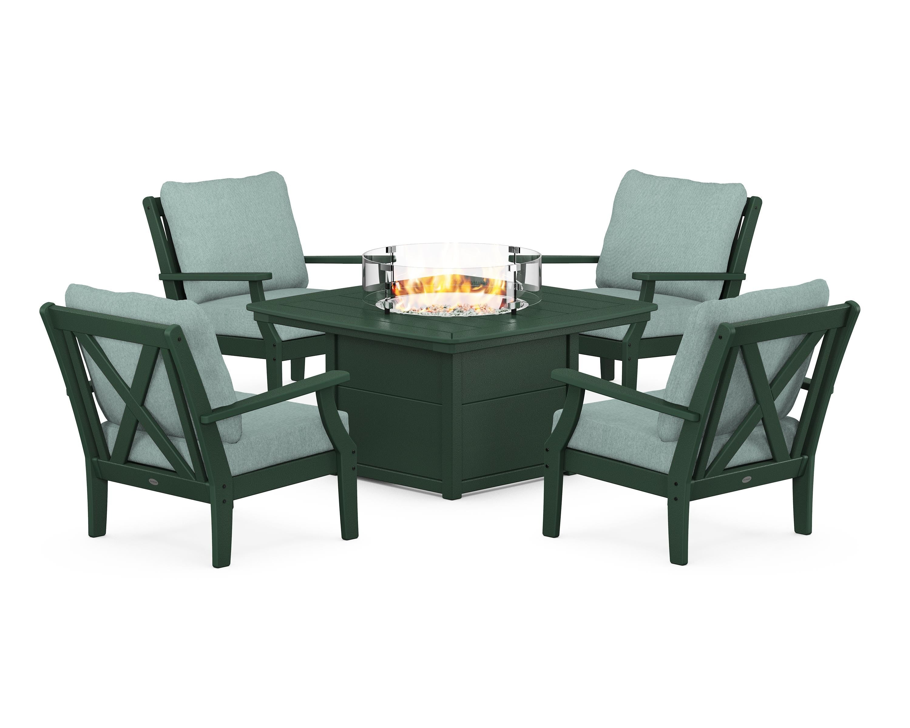 POLYWOOD® Braxton 5-Piece Deep Seating Conversation Set with Fire Pit Table in Green / Glacier Spa