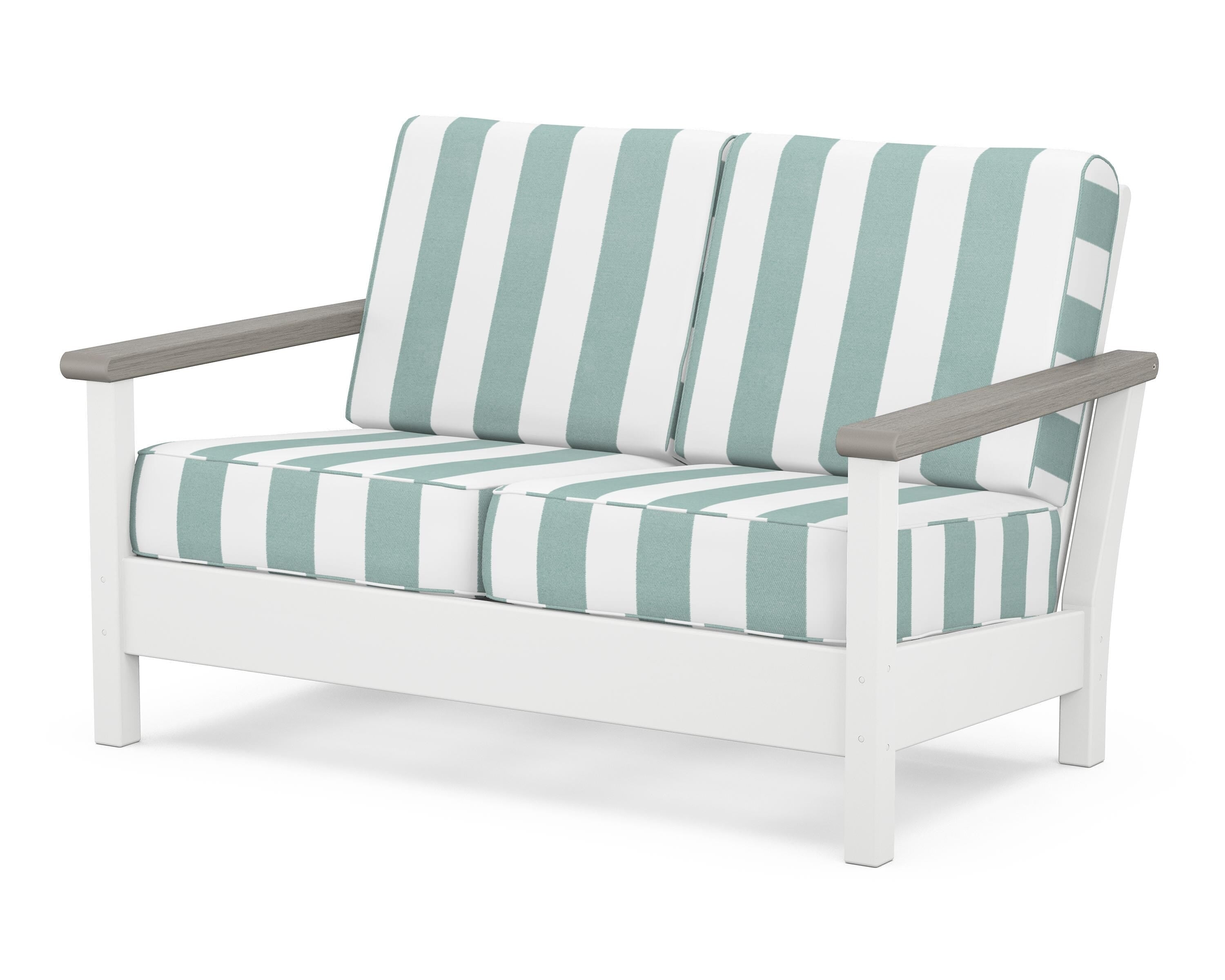 POLYWOOD® Harbour Deep Seating Loveseat in White / Driftwood / Cabana Stripe Glacier Spa