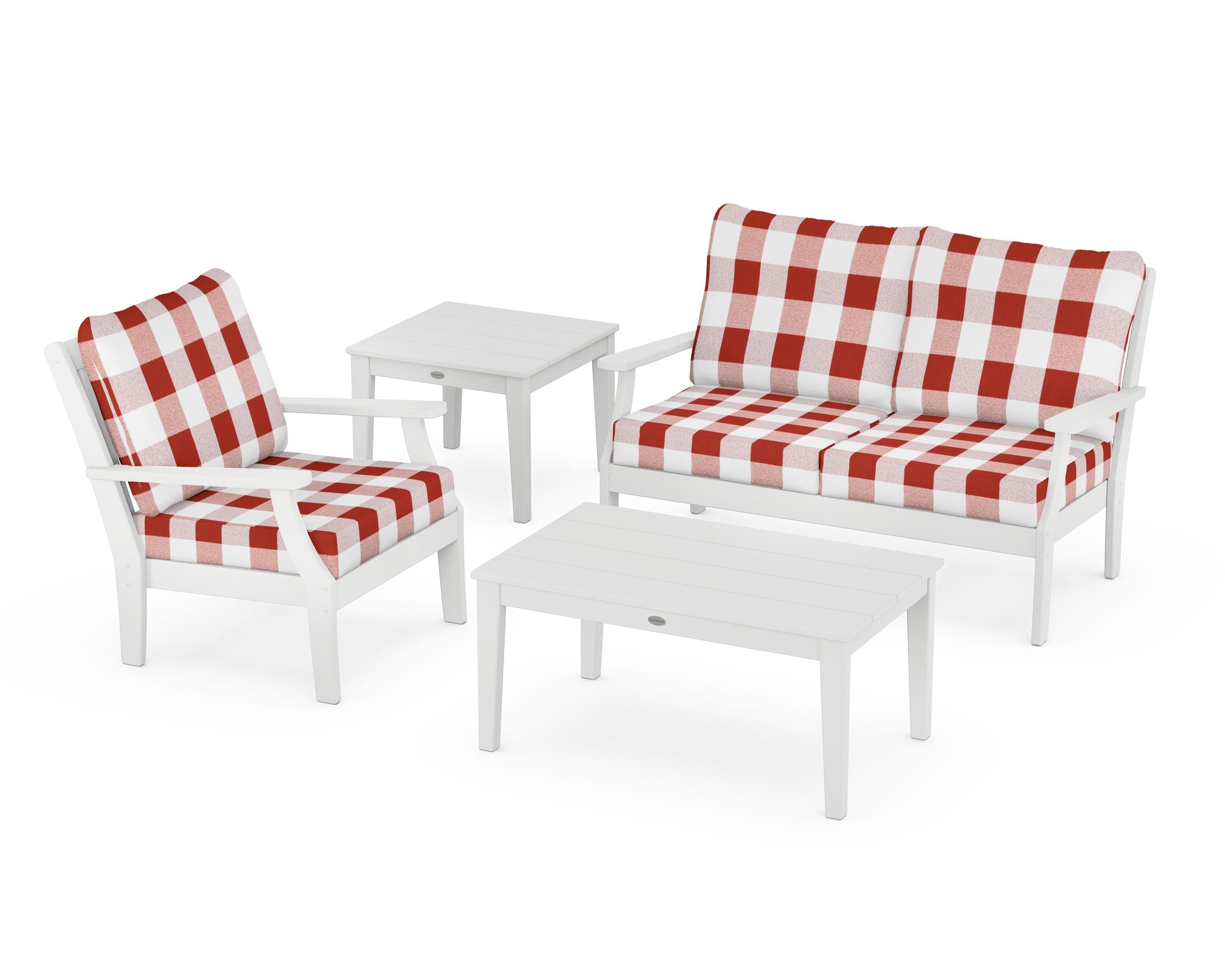 POLYWOOD® Braxton 4-Piece Deep Seating Set in White / Buffalo Plaid Crimson