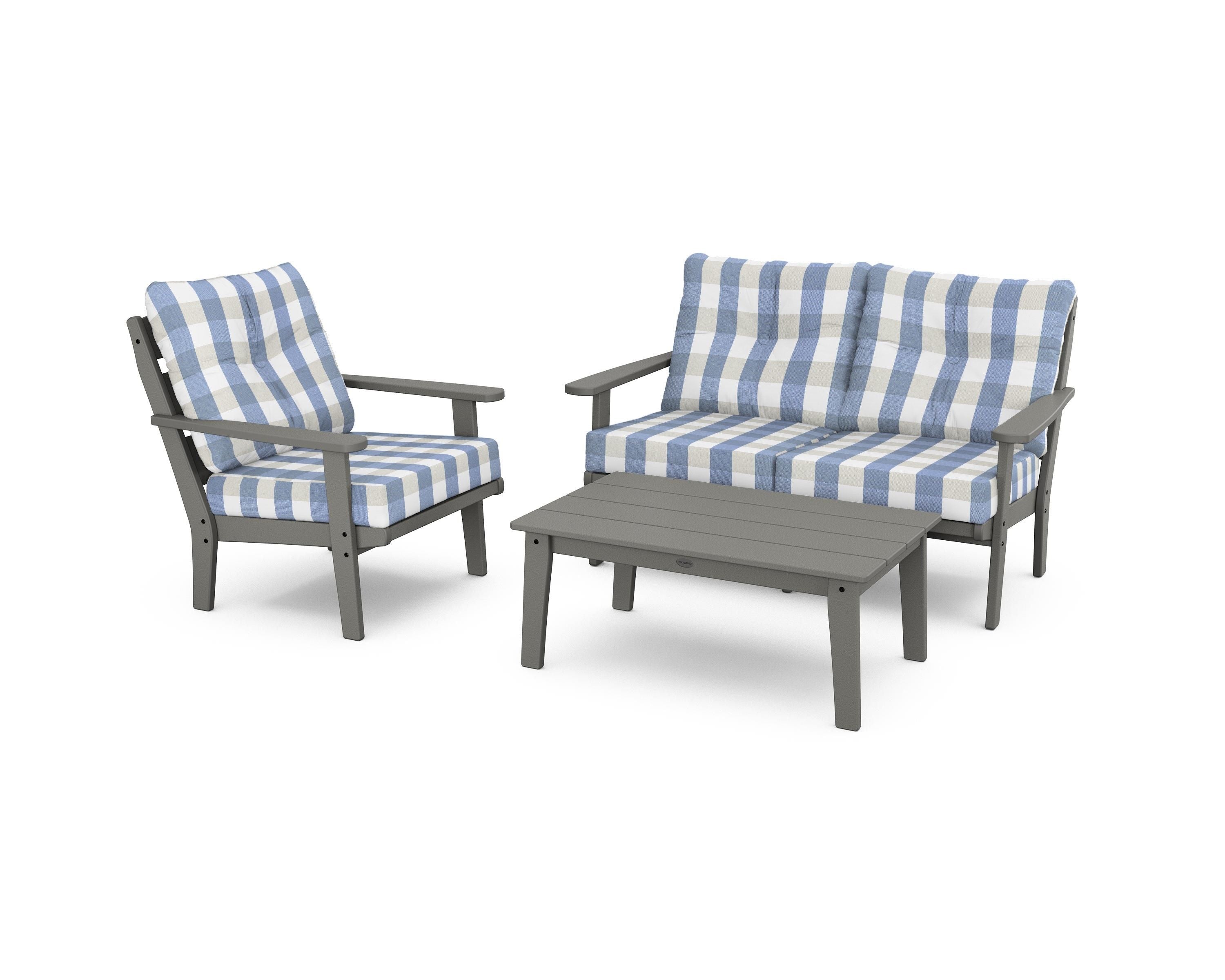 POLYWOOD® Lakeside 3-Piece Deep Seating Set in Slate Grey / Buffalo Plaid Sky Blue