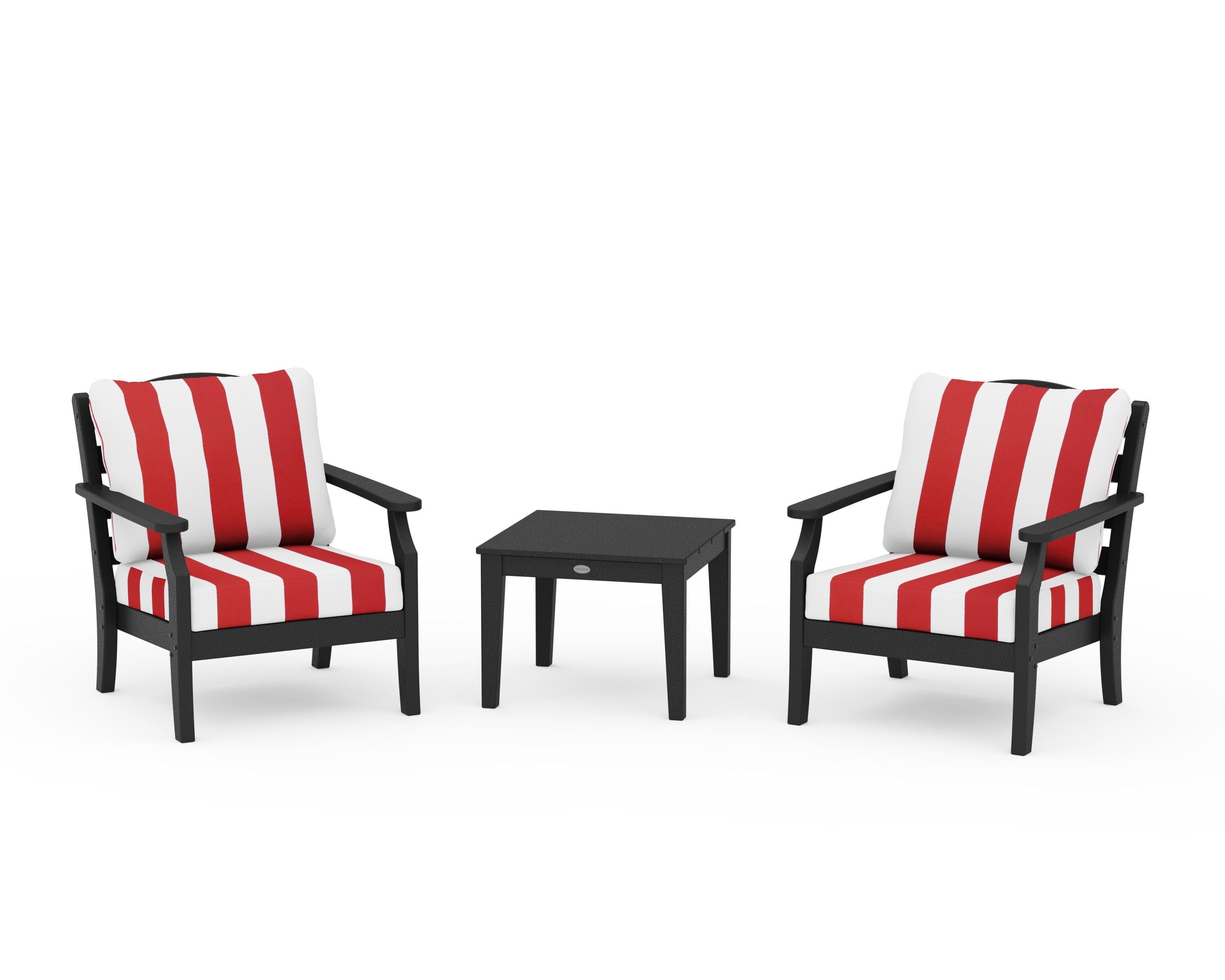 Draper James™ by POLYWOOD® Savannah 3-Piece Deep Seating Set in Black / Cabana Stripe Crimson
