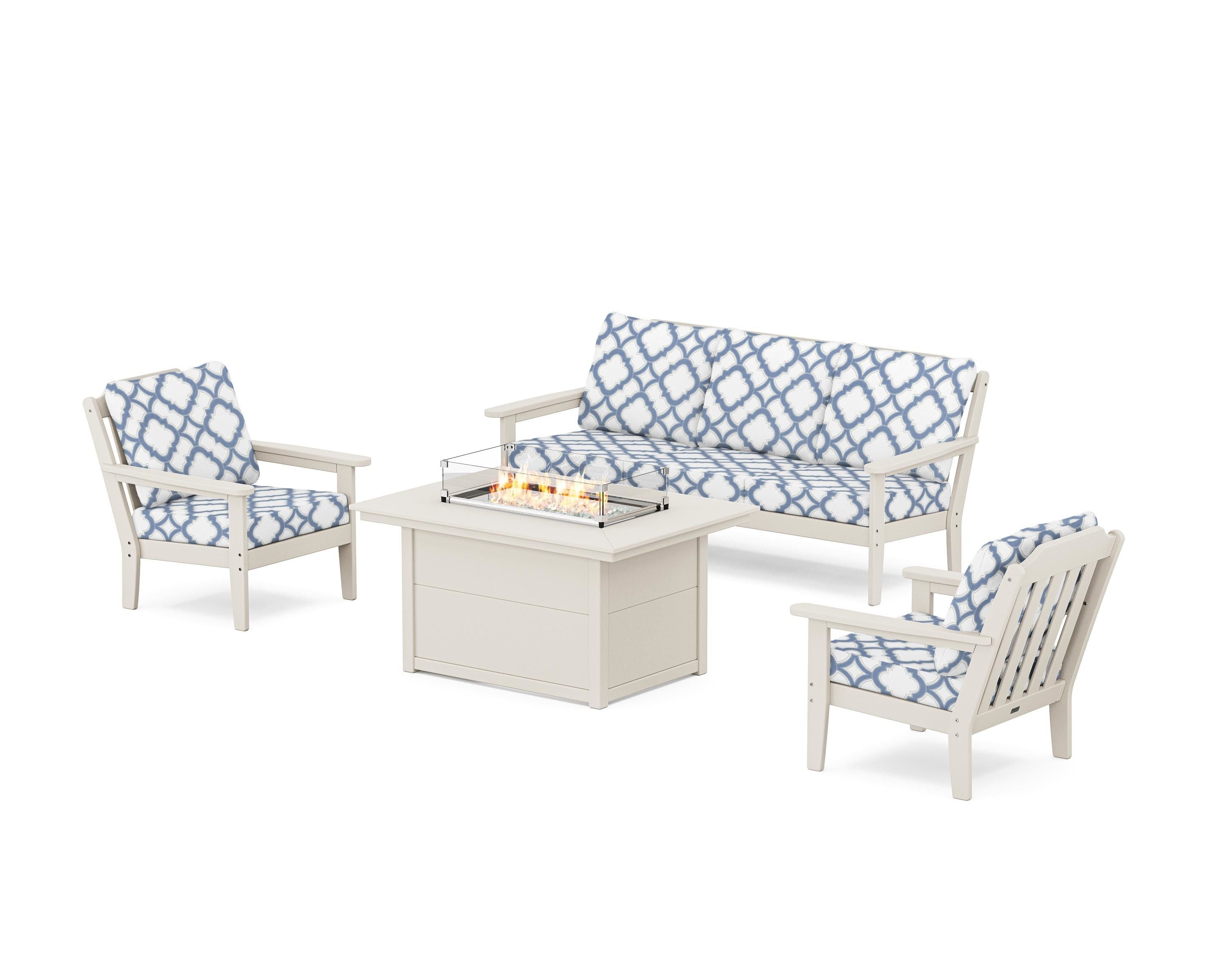 Country Living Cottage Deep Seating Fire Pit Table Set in Sand / Trellis Sky Blue