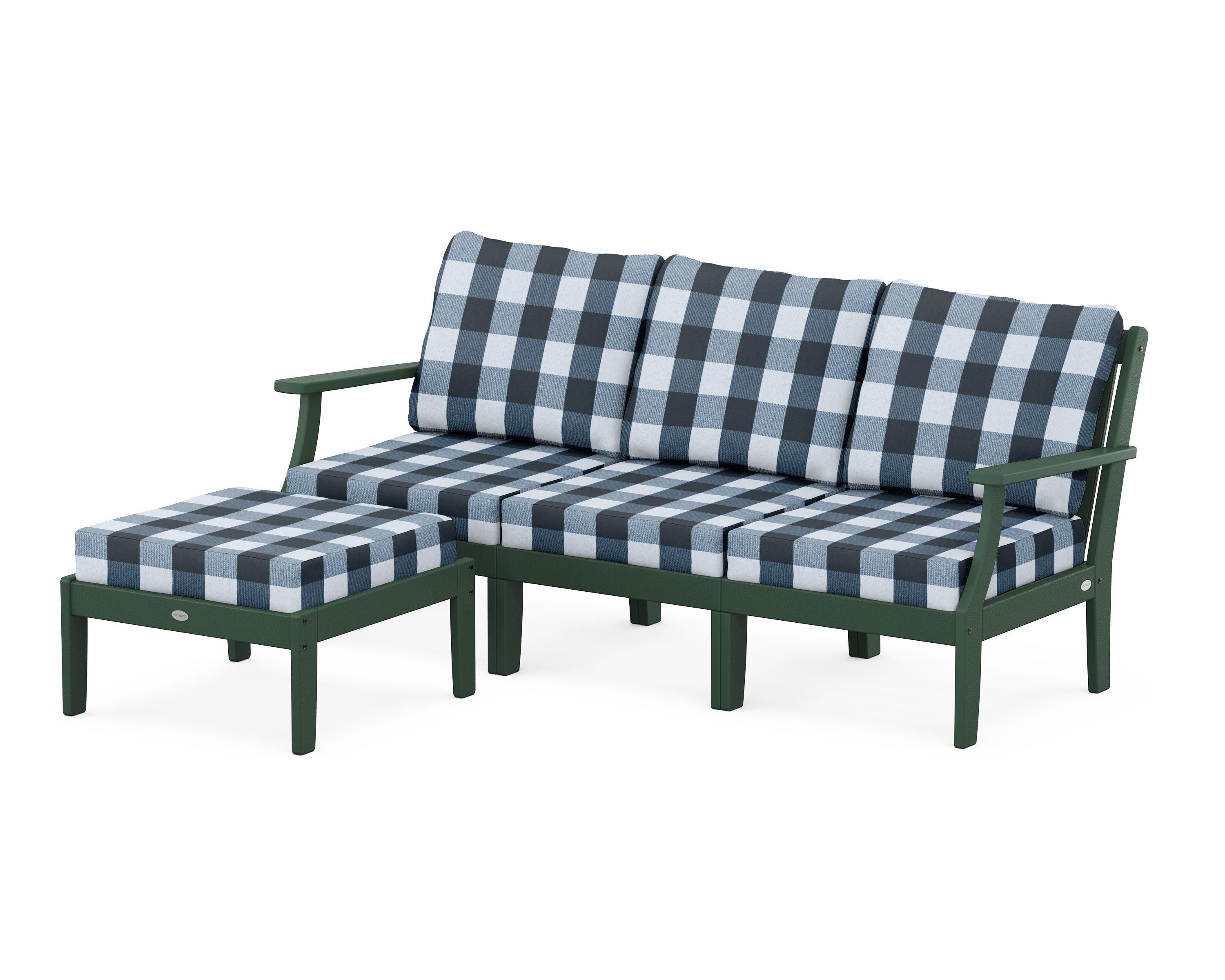 POLYWOOD® Braxton Modular 4-Piece Deep Seating Set with Ottoman in Green / Buffalo Plaid Marine Indigo