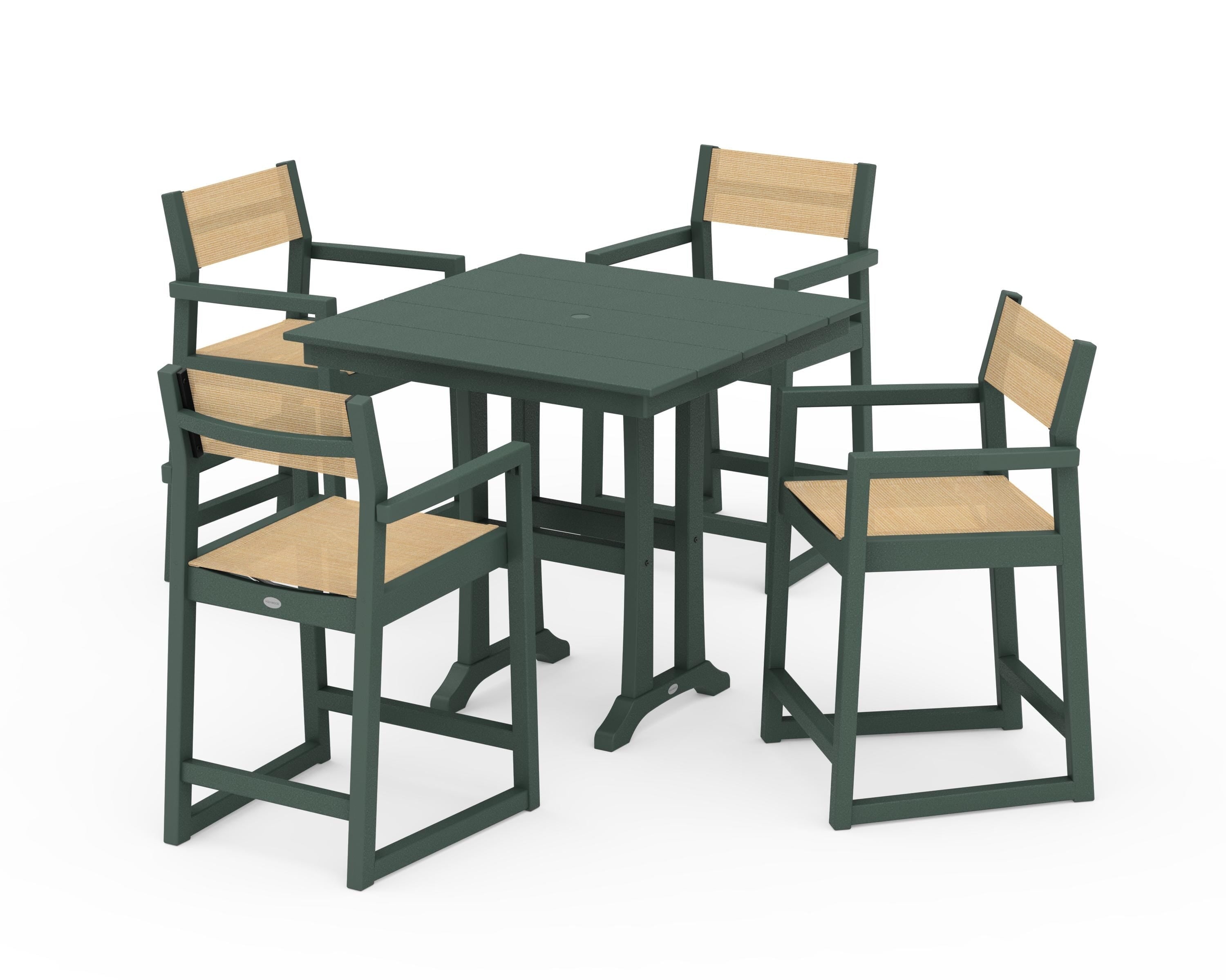 POLYWOOD® EDGE Sling Arm Chair 5-Piece Farmhouse Counter Set with Trestle Legs in Green / Dupioni Apricot Sling