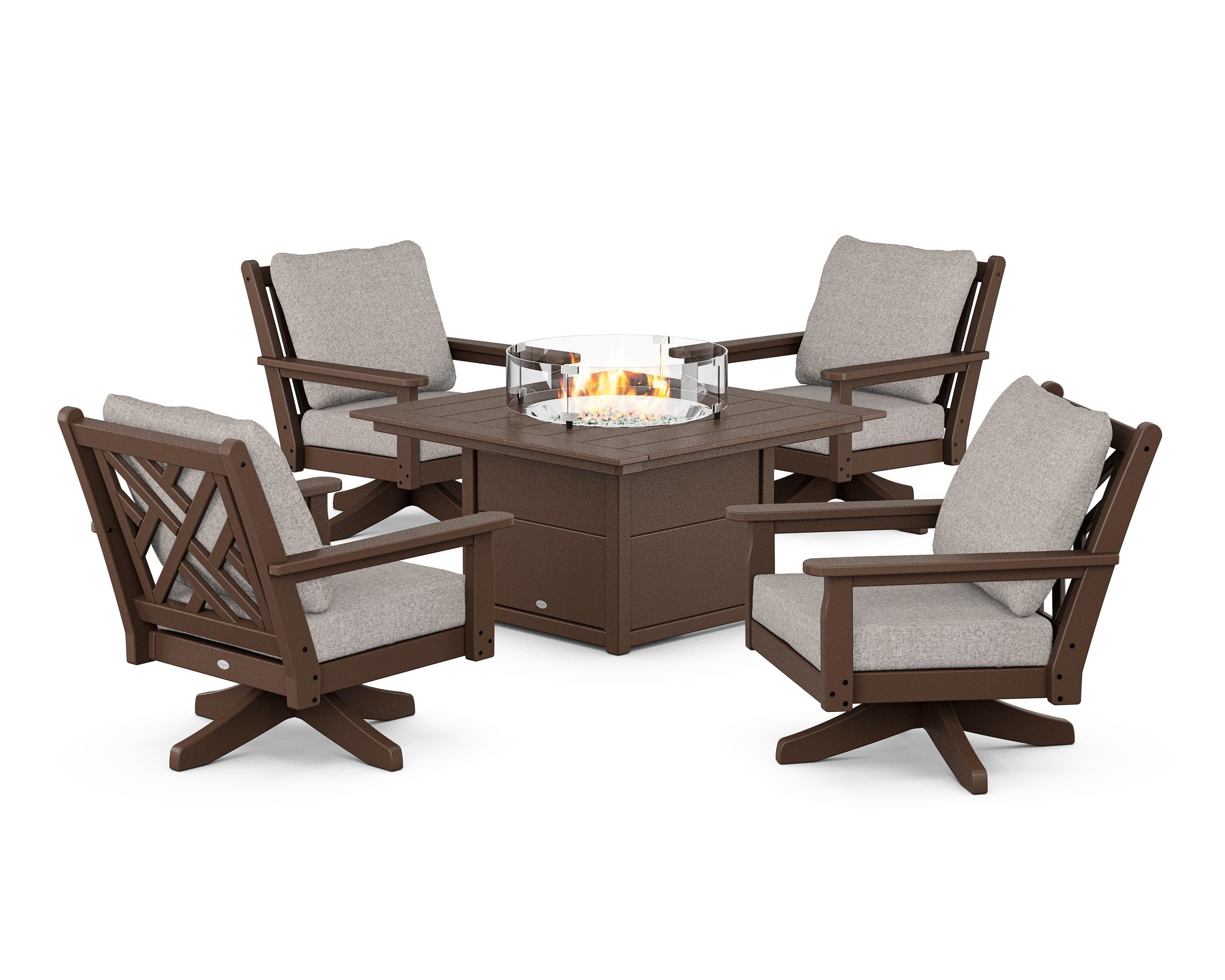 POLYWOOD® Chippendale 5-Piece Deep Seating Swivel Conversation Set with Fire Pit Table in Mahogany / Weathered Tweed