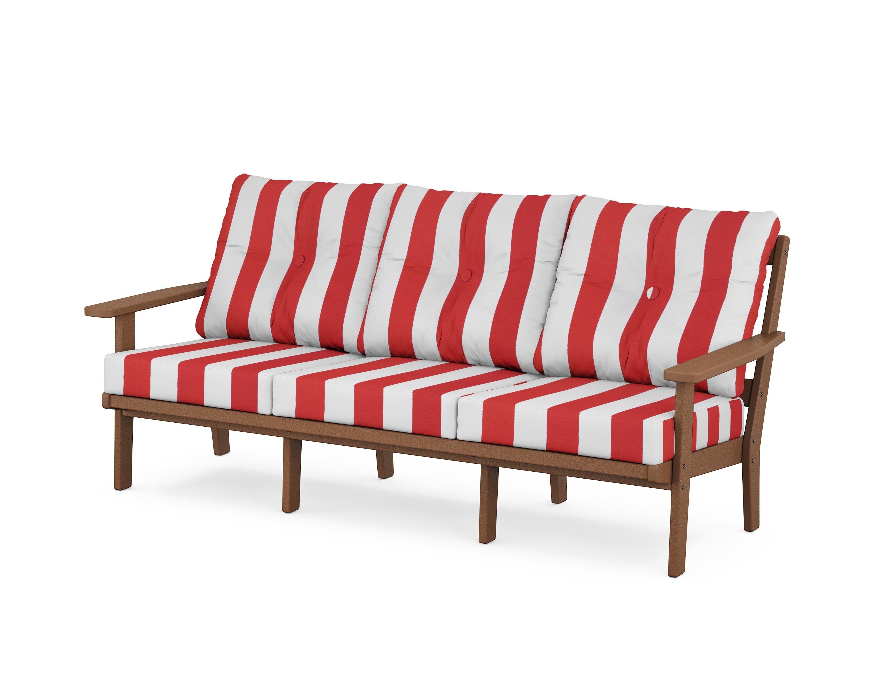 POLYWOOD® Oxford Deep Seating Sofa in Teak / Cabana Stripe Crimson