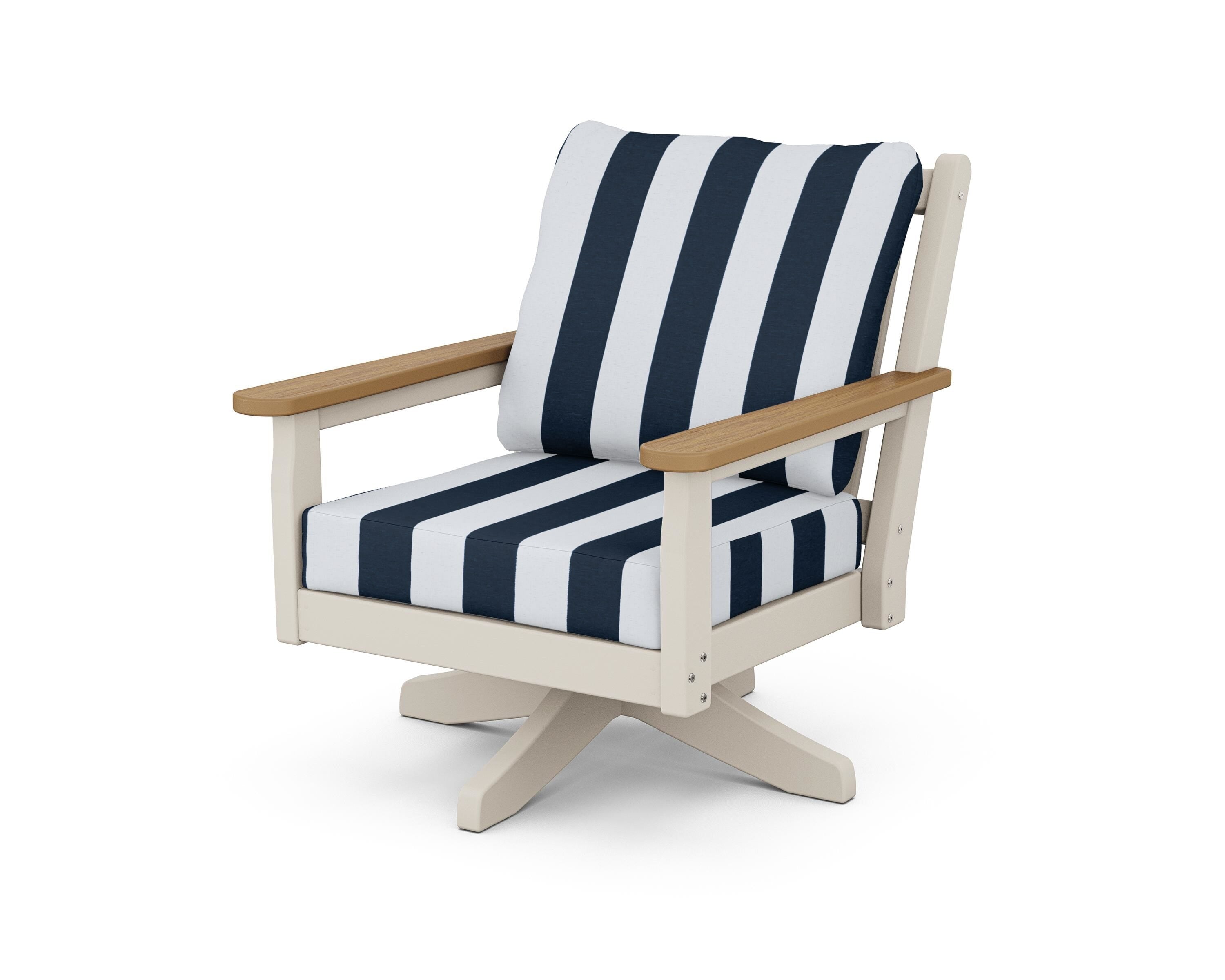 POLYWOOD® Chippendale Deep Seating Swivel Chair in Sand / Natural / Cabana Stripe Marine Indigo